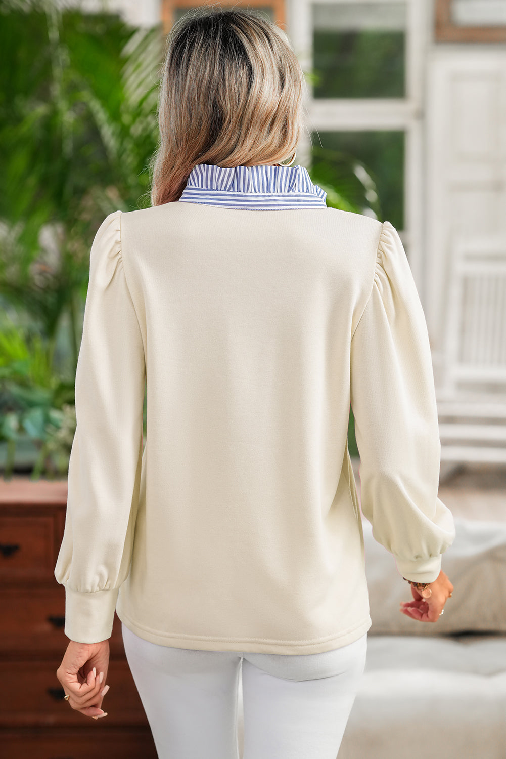 Button Striped Collar Patchwork Puff Sleeve Sweatshirt | S-XL