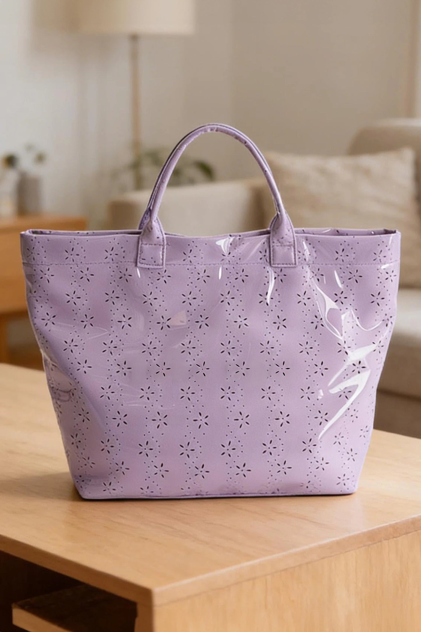 Glossy Floral Eyelet Waterproof Tote Bag
