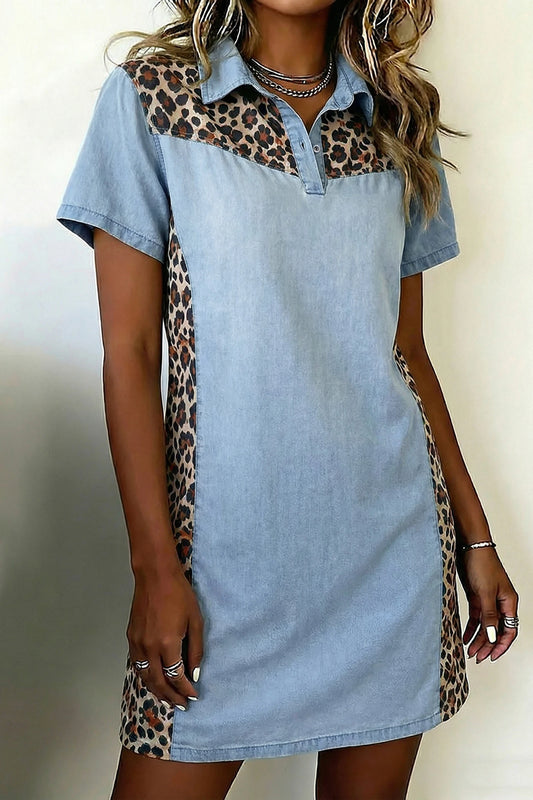 Denim Colorblock Leopard Patchwork Mini Dress | S-XL