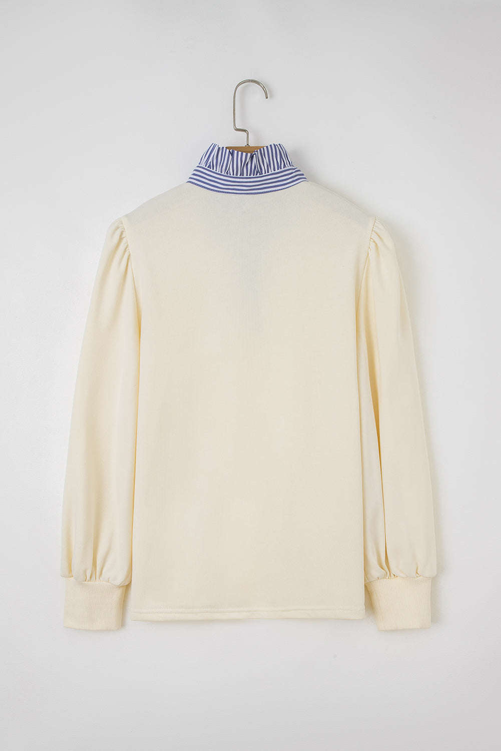 Button Striped Collar Patchwork Puff Sleeve Sweatshirt | S-XL