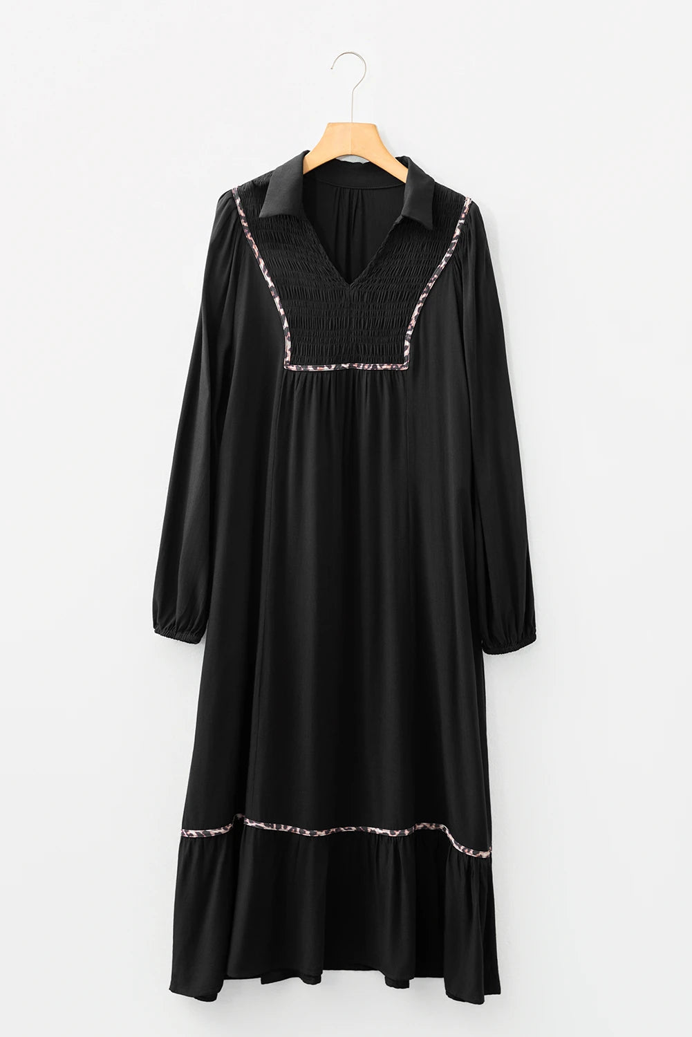 Collared V-Neck Leopard Trim Maxi Dress | S-XL