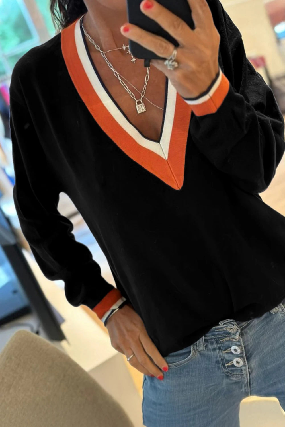Contrast Striped Trim V Neck Varsity Light Sweater | S-XL