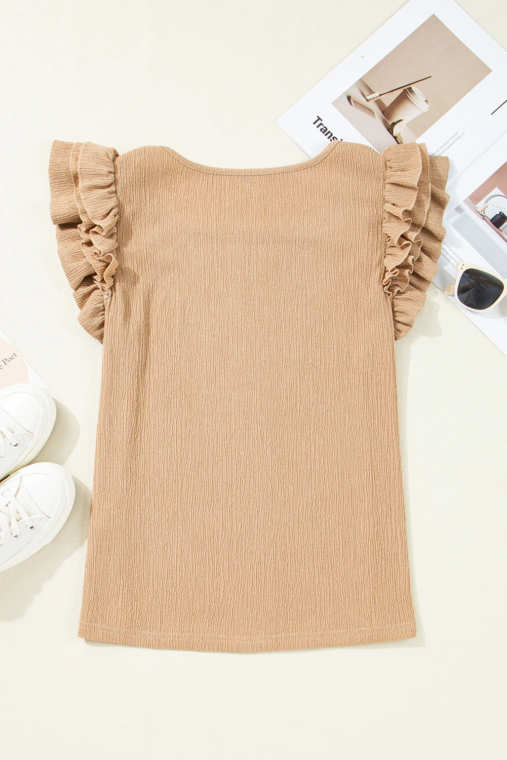 Ruffled Tiered Sleeve Square Neck Textured Top