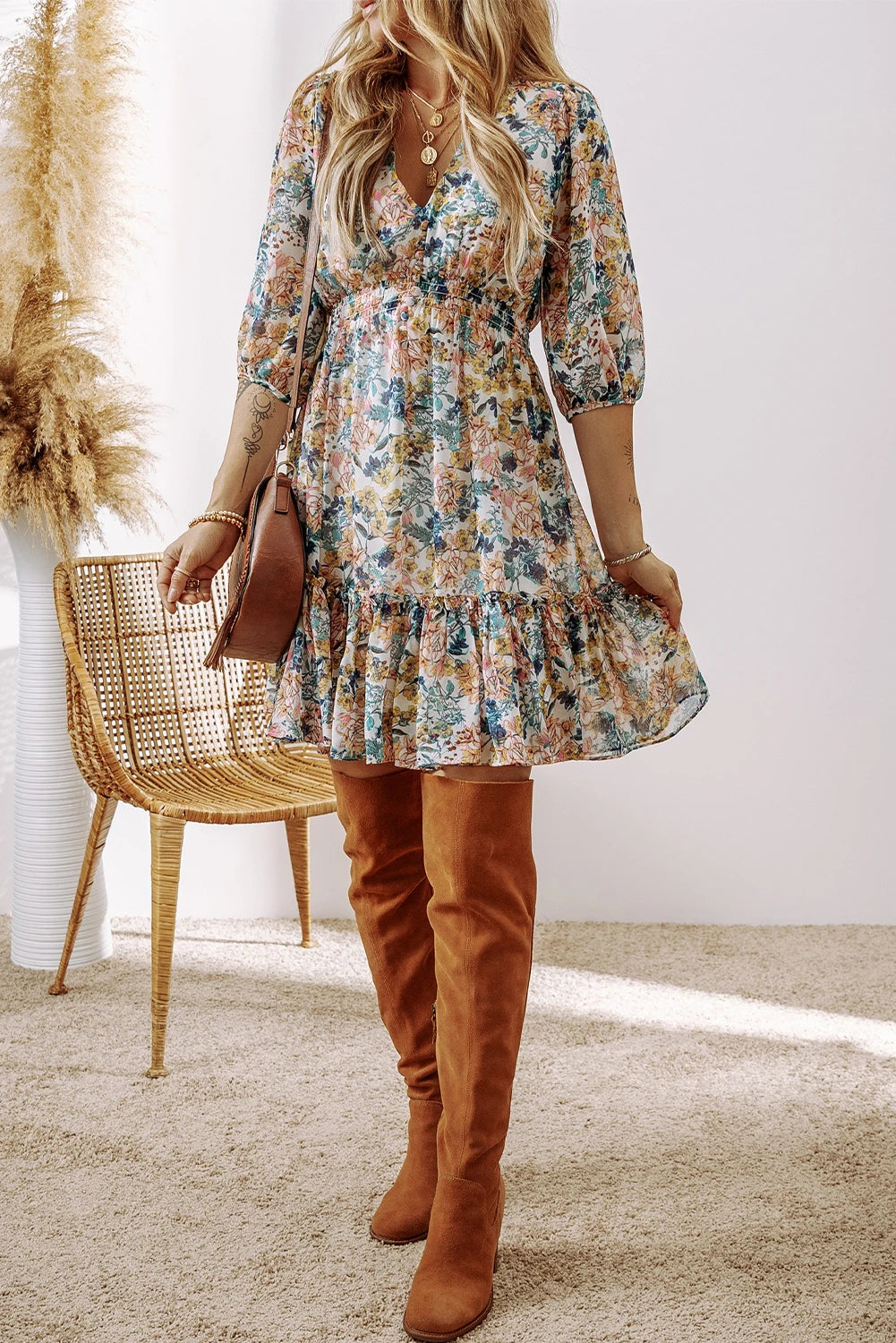 3/4 Sleeve Rosewood Romance Dress | S-XL