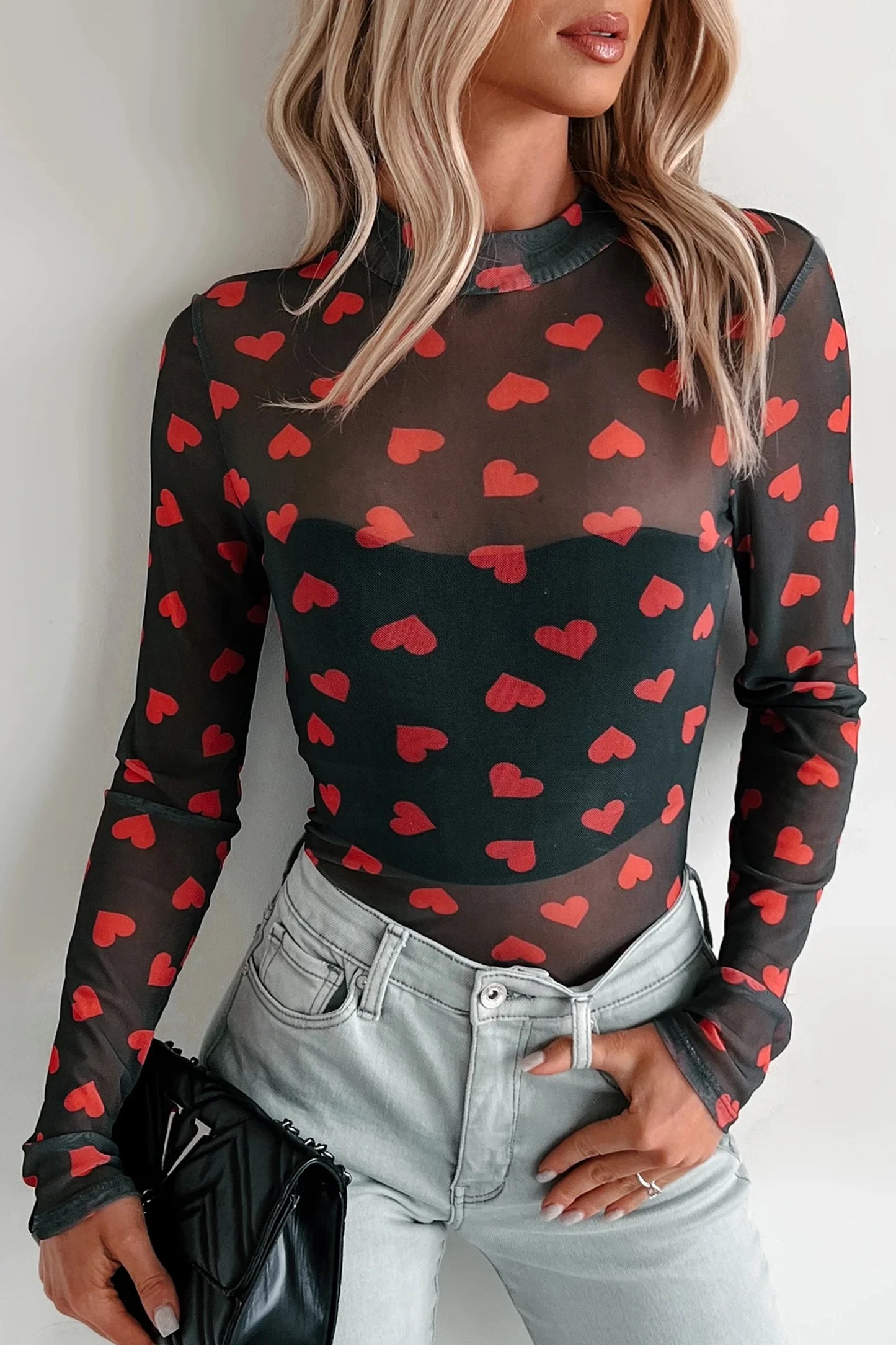 Valentines Heart Printed Sheer Mesh Long Sleeve Top | S-XL