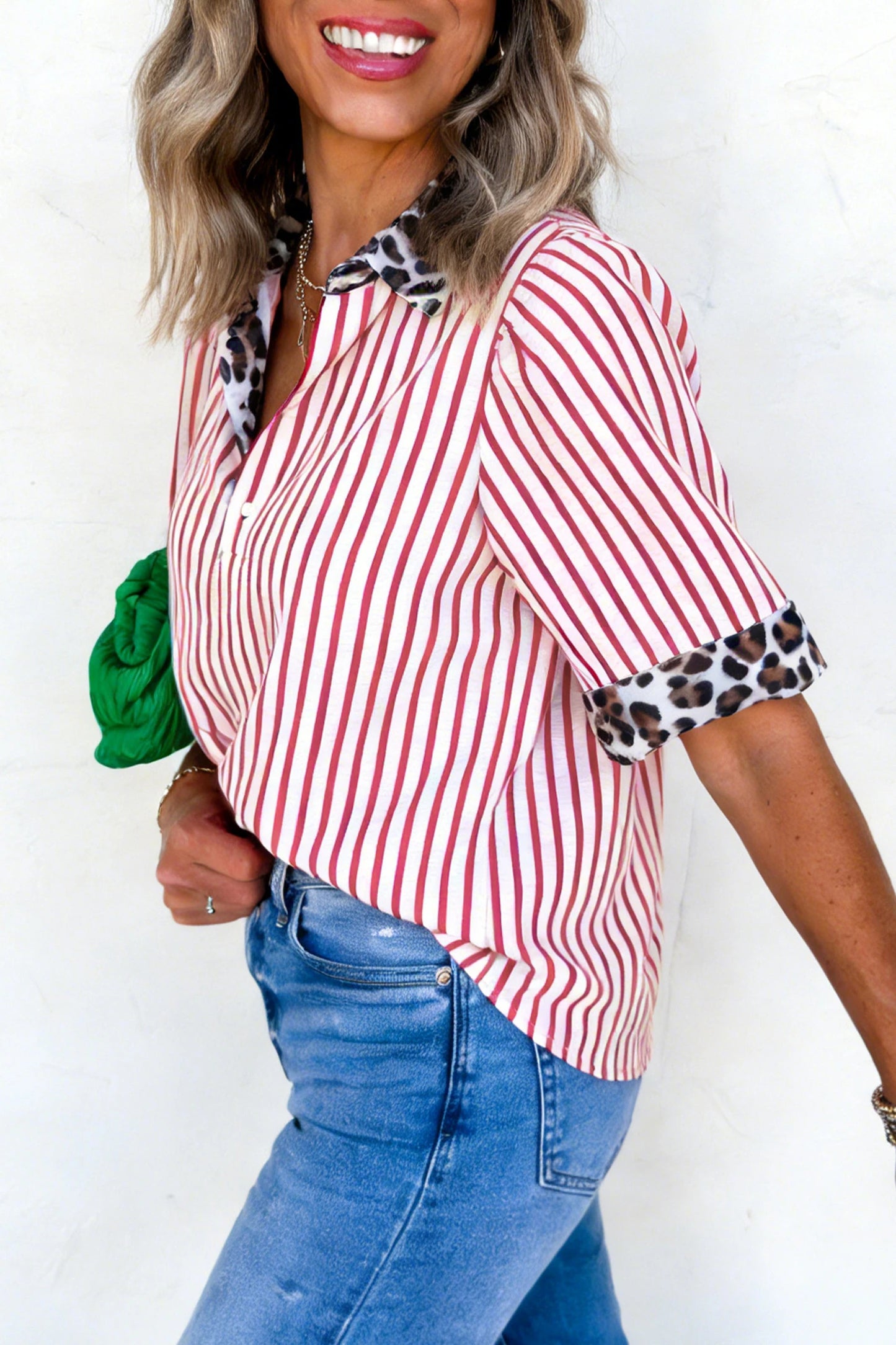 Leopard Trim Striped Half-Button Blouse | S-XL