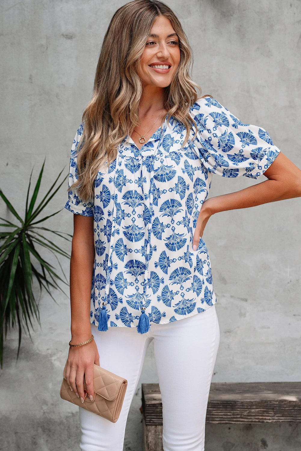 Geometric Print Tassel Drawstring  Blouse