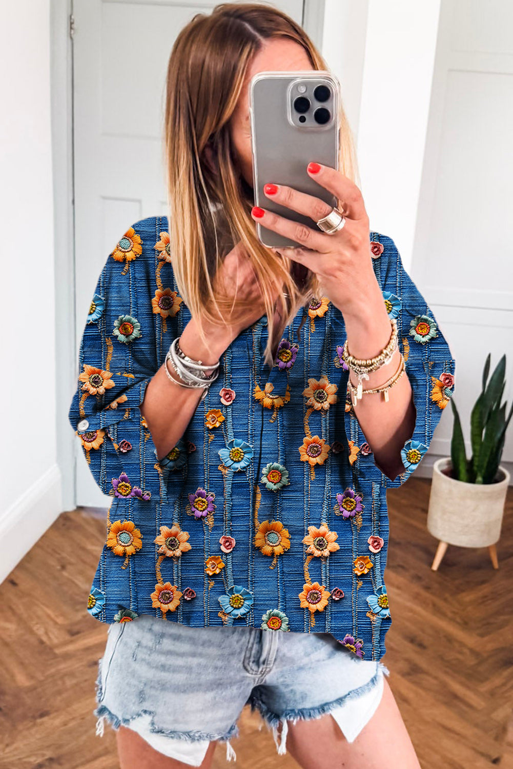 Boho Print  Bloom Collared Roll up Sleeve Blouse | S-XL
