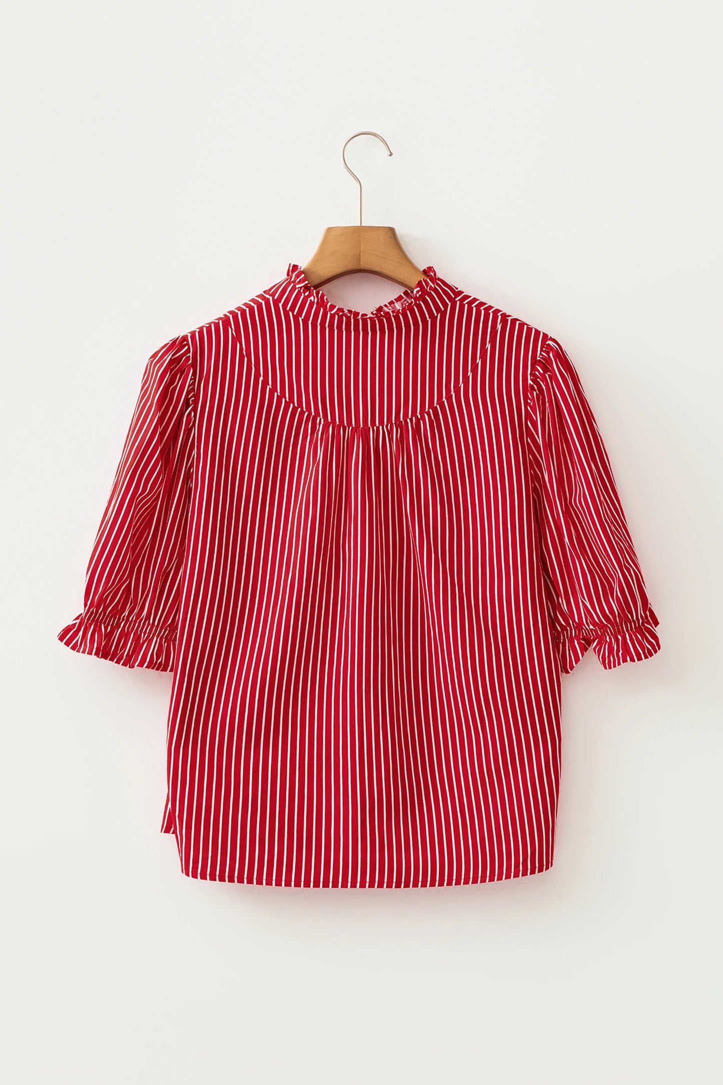 Short Puff Sleeve Stripe Ruffle Blouse | S-XL