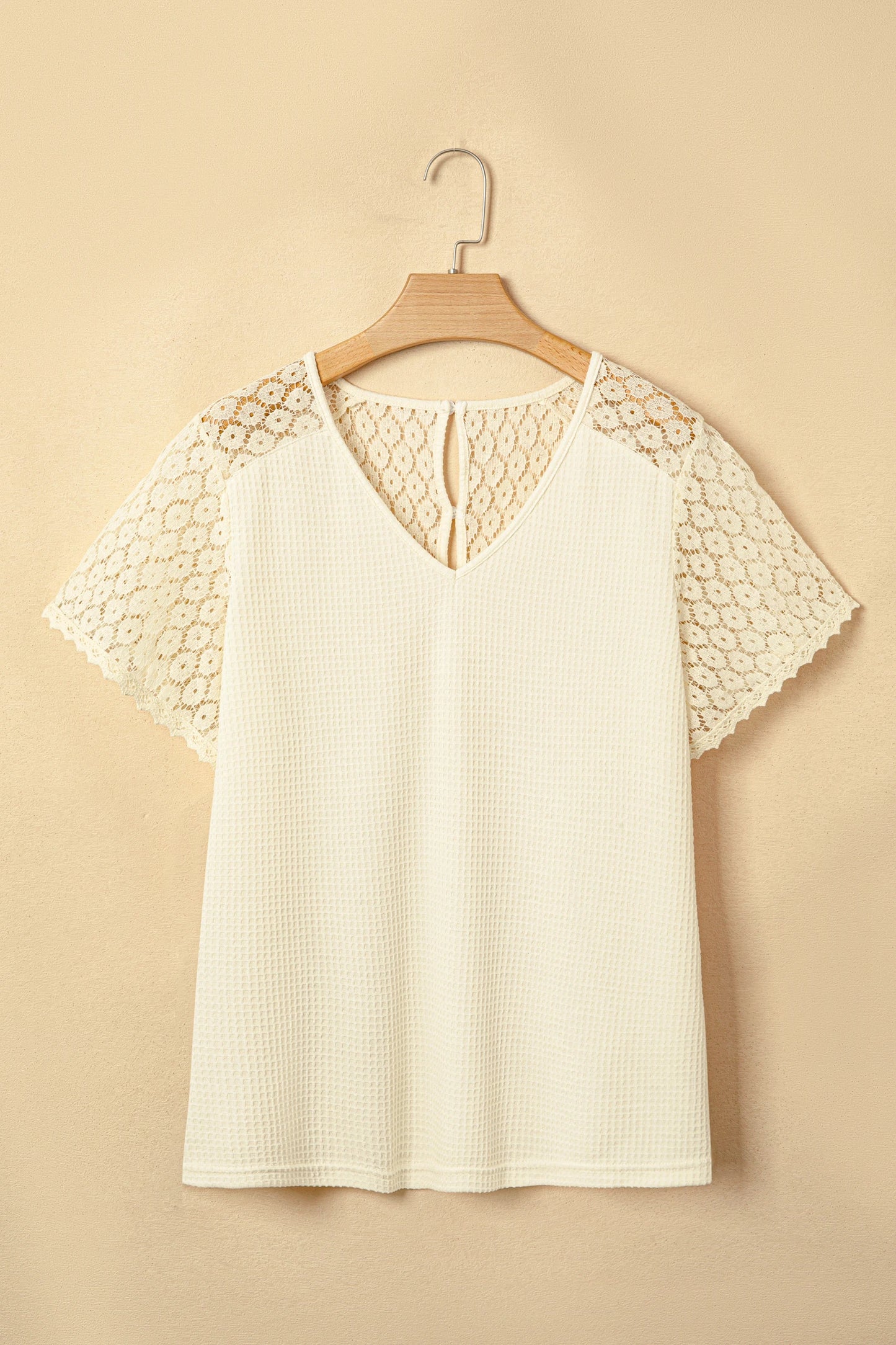 Lace Trim Cutout V-Neck Waffle Knit Button Blouse | S-XL