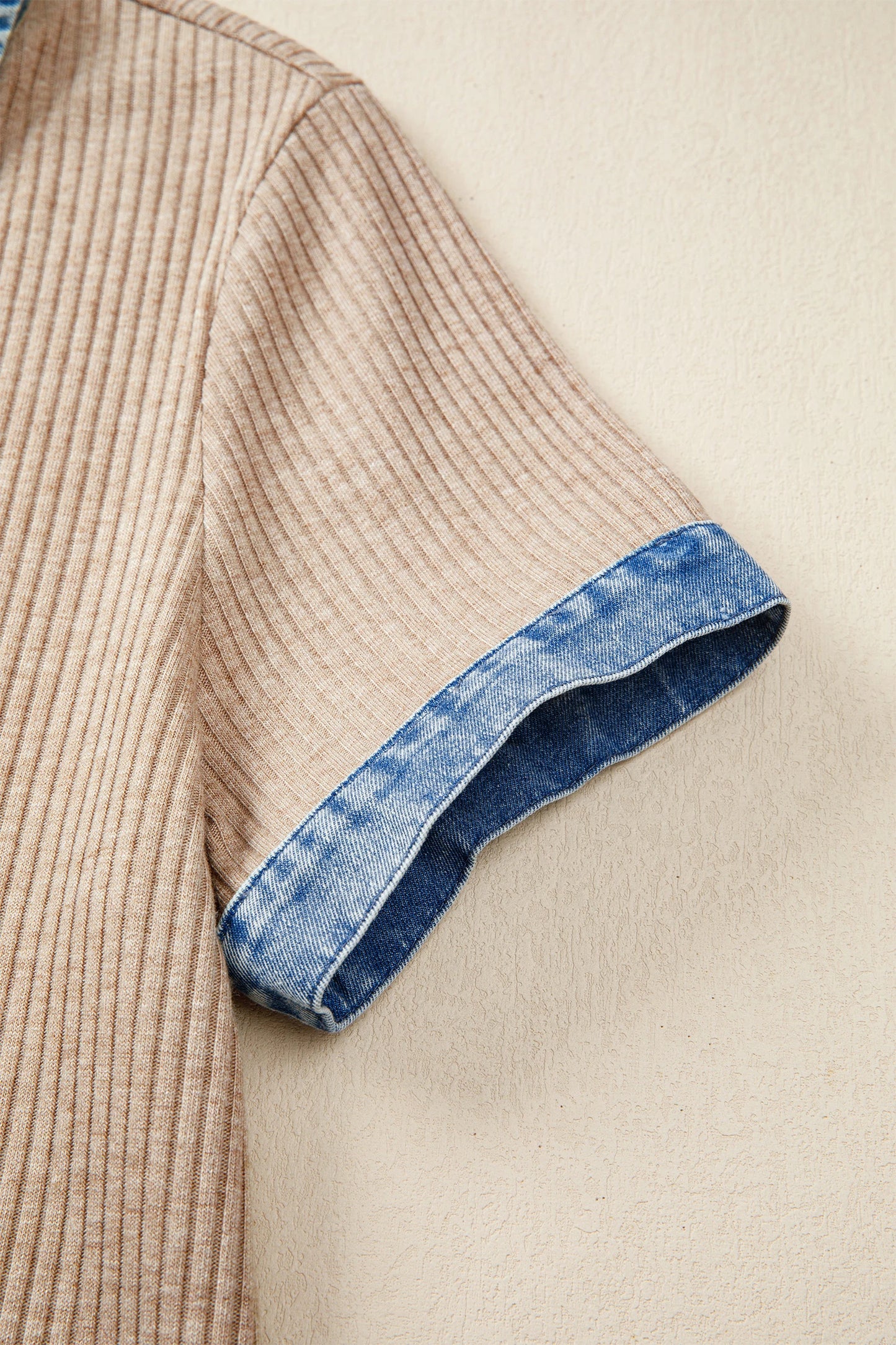 Ribbed Knit Denim Color Block Collared Blouse | S-XL