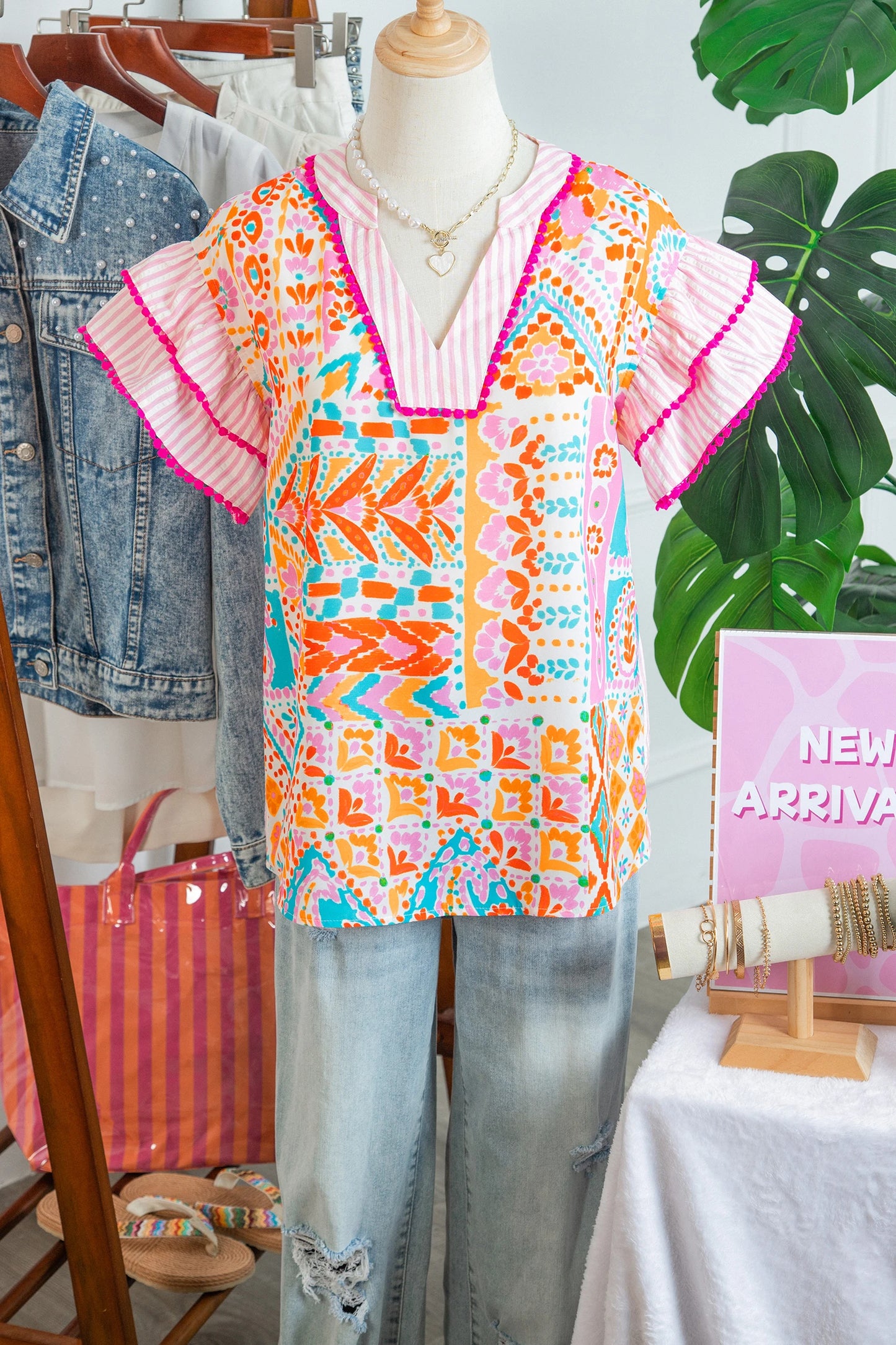 Boho Mixed Print Tiered Short Sleeve Blouse | S-XL