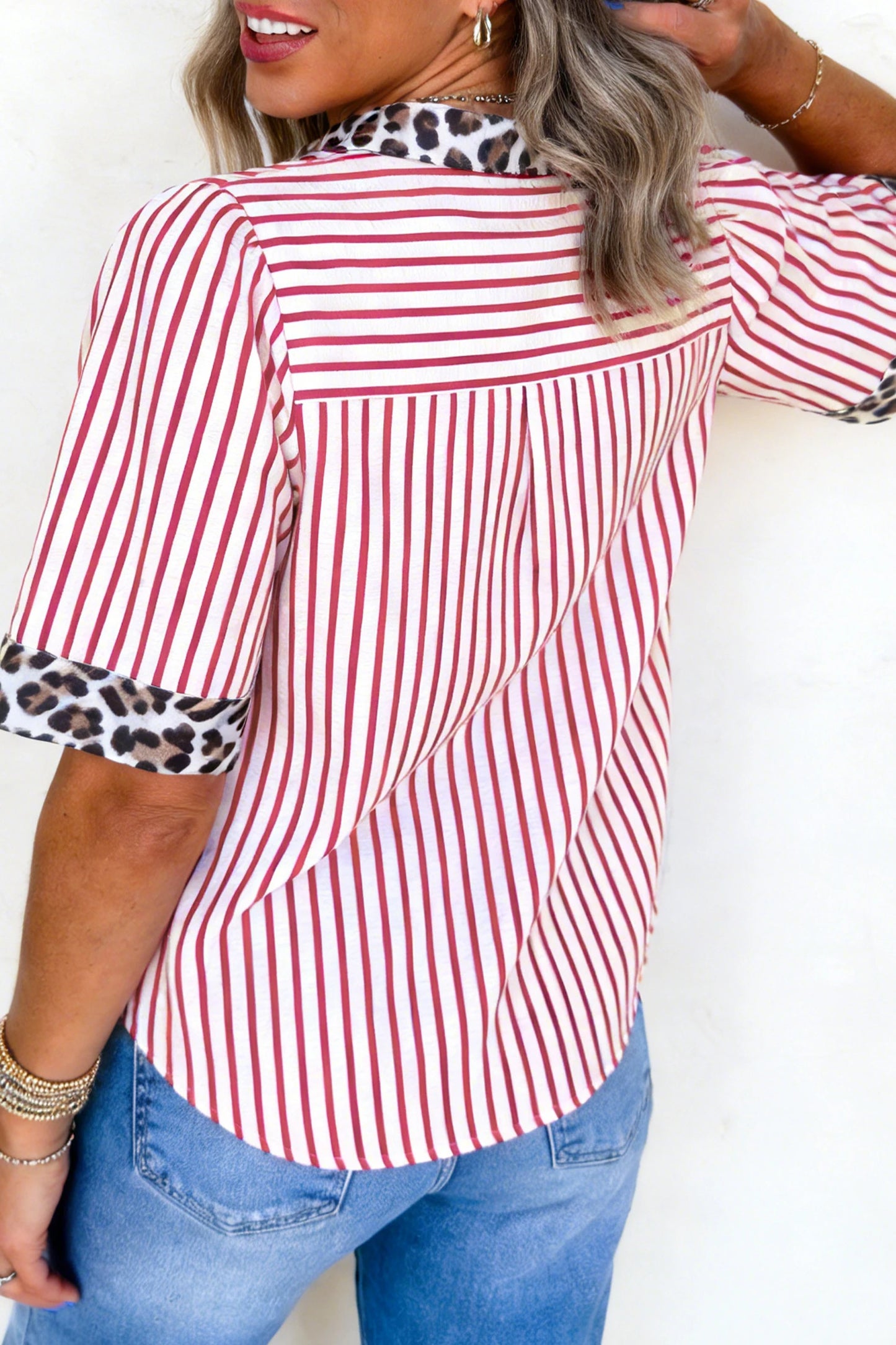 Leopard Trim Striped Half-Button Blouse | S-XL