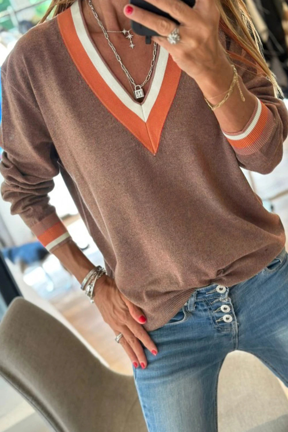 Contrast Striped Trim V Neck Varsity Light Sweater | S-XL