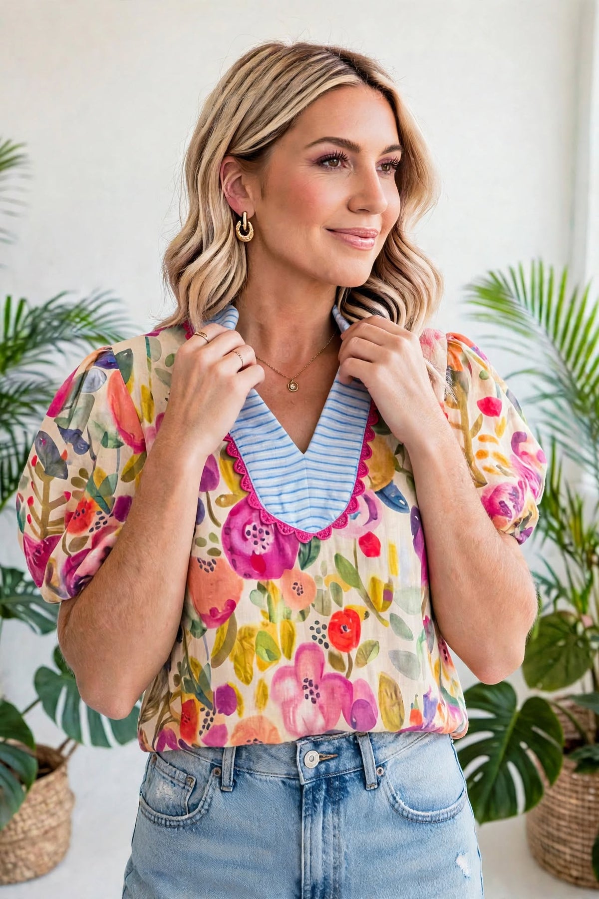Printed Cotton Floral Puff Sleeve Blouse | S-XL