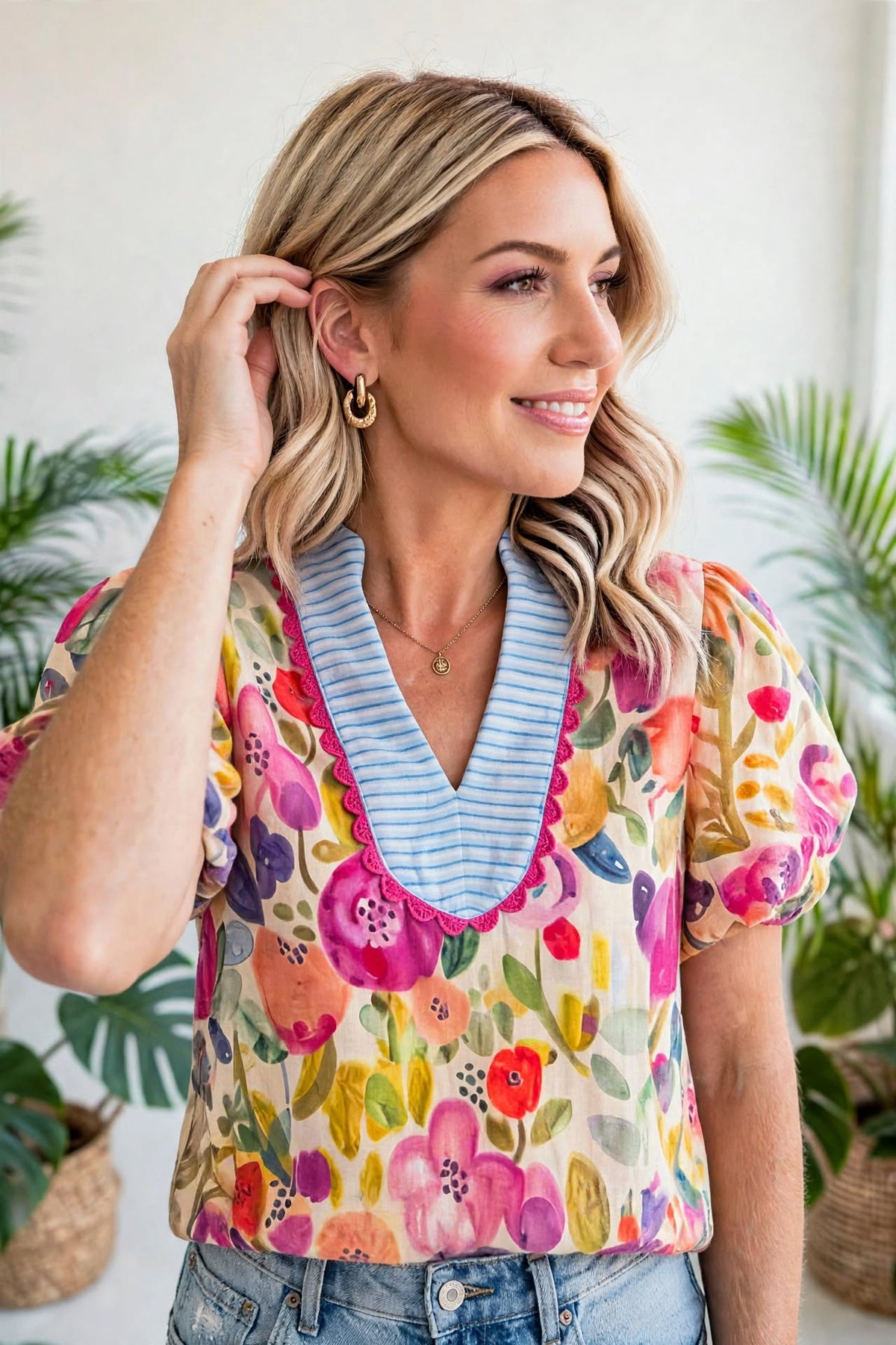 Printed Cotton Floral Puff Sleeve Blouse | S-XL