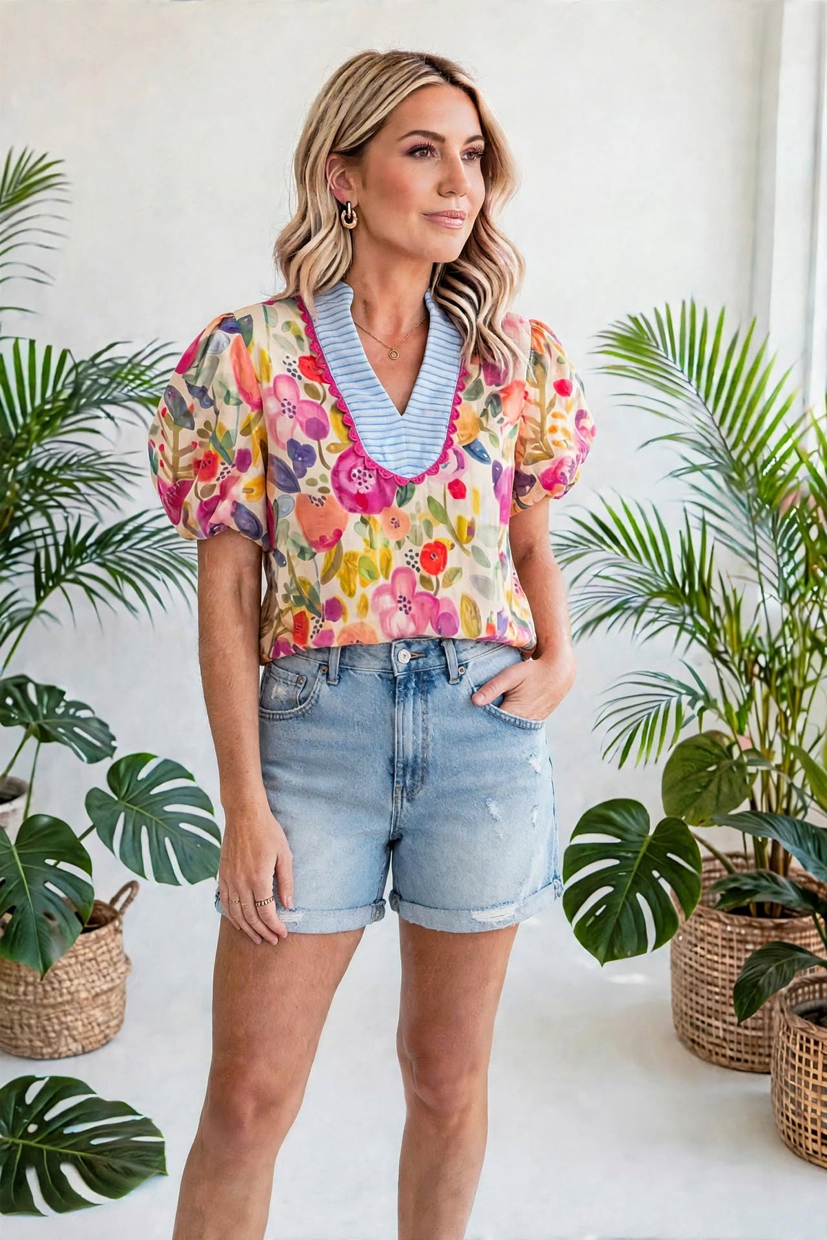Printed Cotton Floral Puff Sleeve Blouse | S-XL