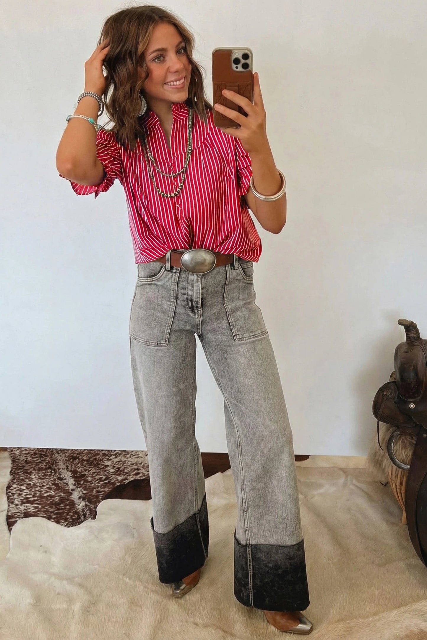Short Puff Sleeve Stripe Ruffle Blouse | S-XL