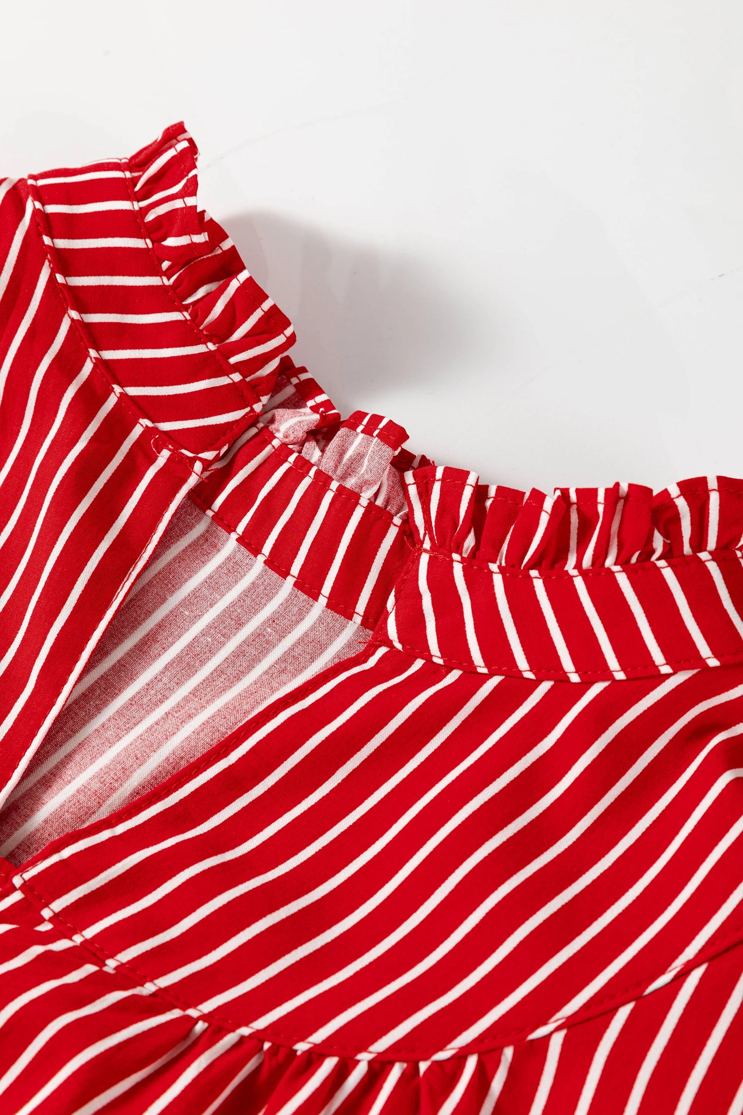 Short Puff Sleeve Stripe Ruffle Blouse | S-XL