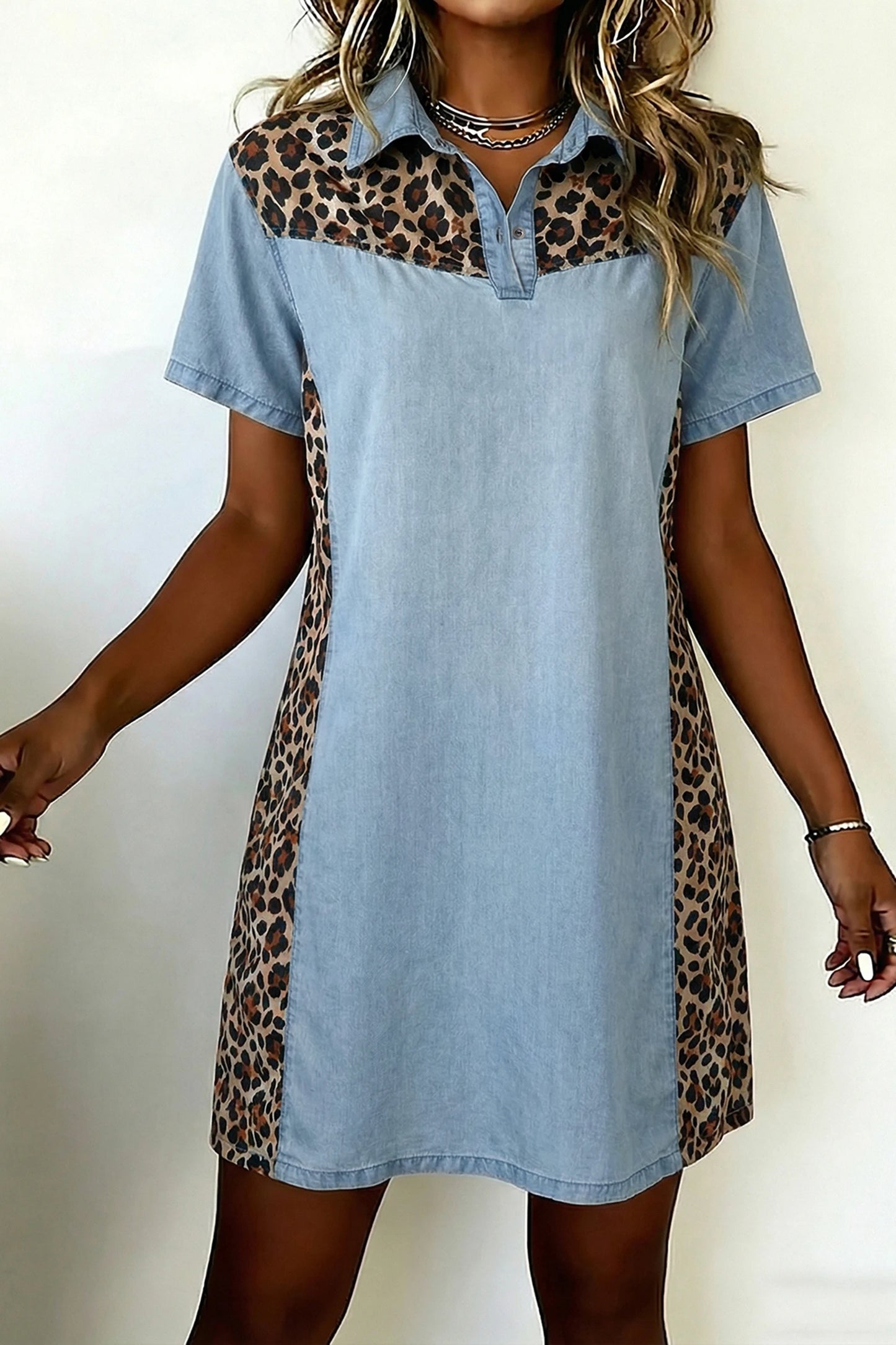 Denim Colorblock Leopard Patchwork Mini Dress | S-XL
