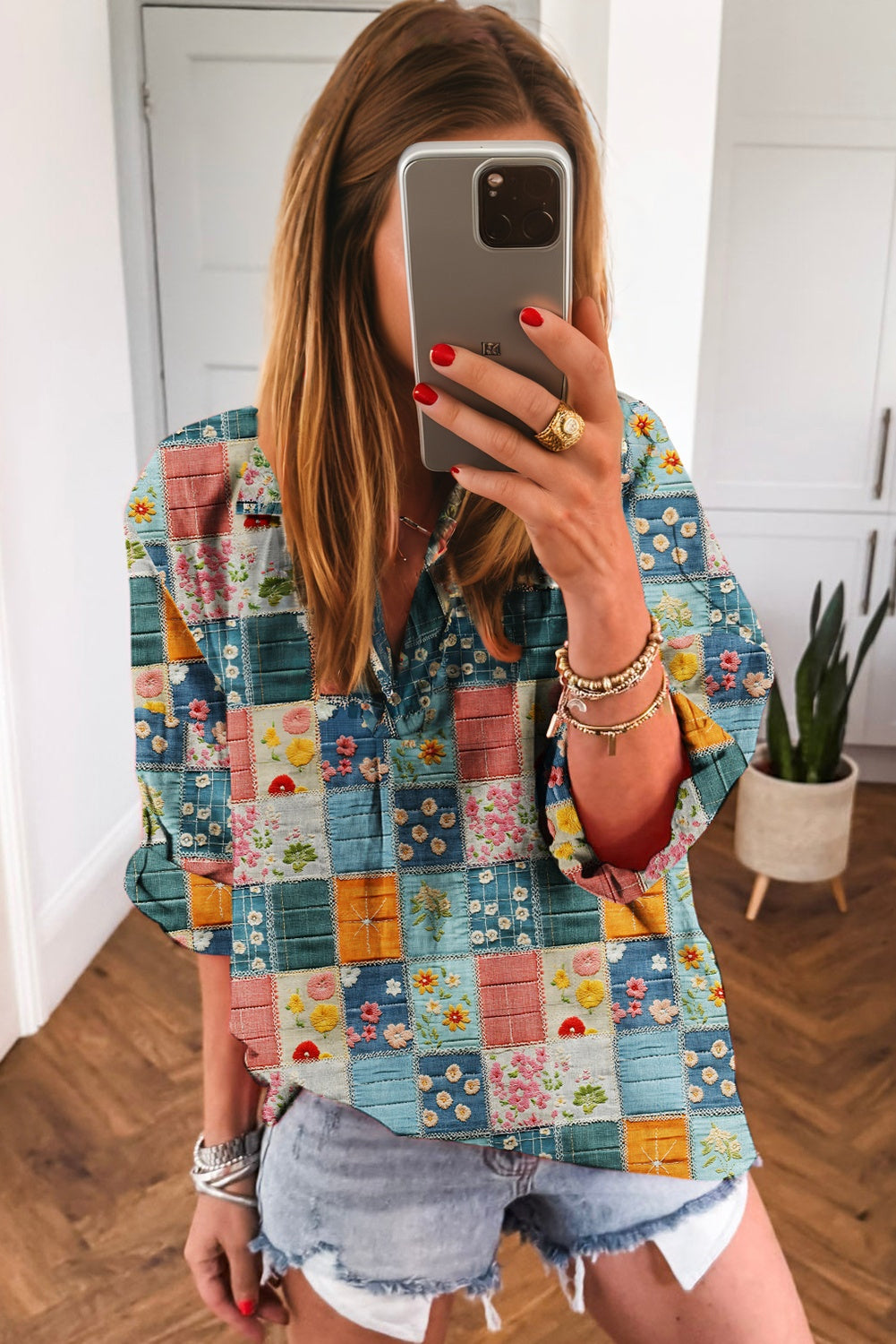 Boho Print  Bloom Collared Roll up Sleeve Blouse | S-XL