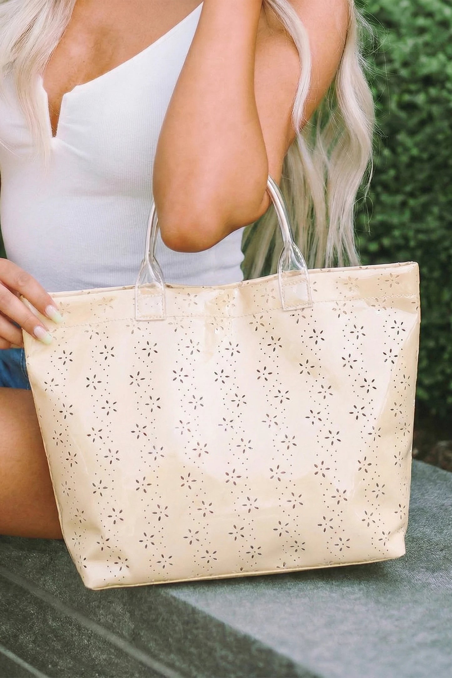 Glossy Floral Eyelet Waterproof Tote Bag