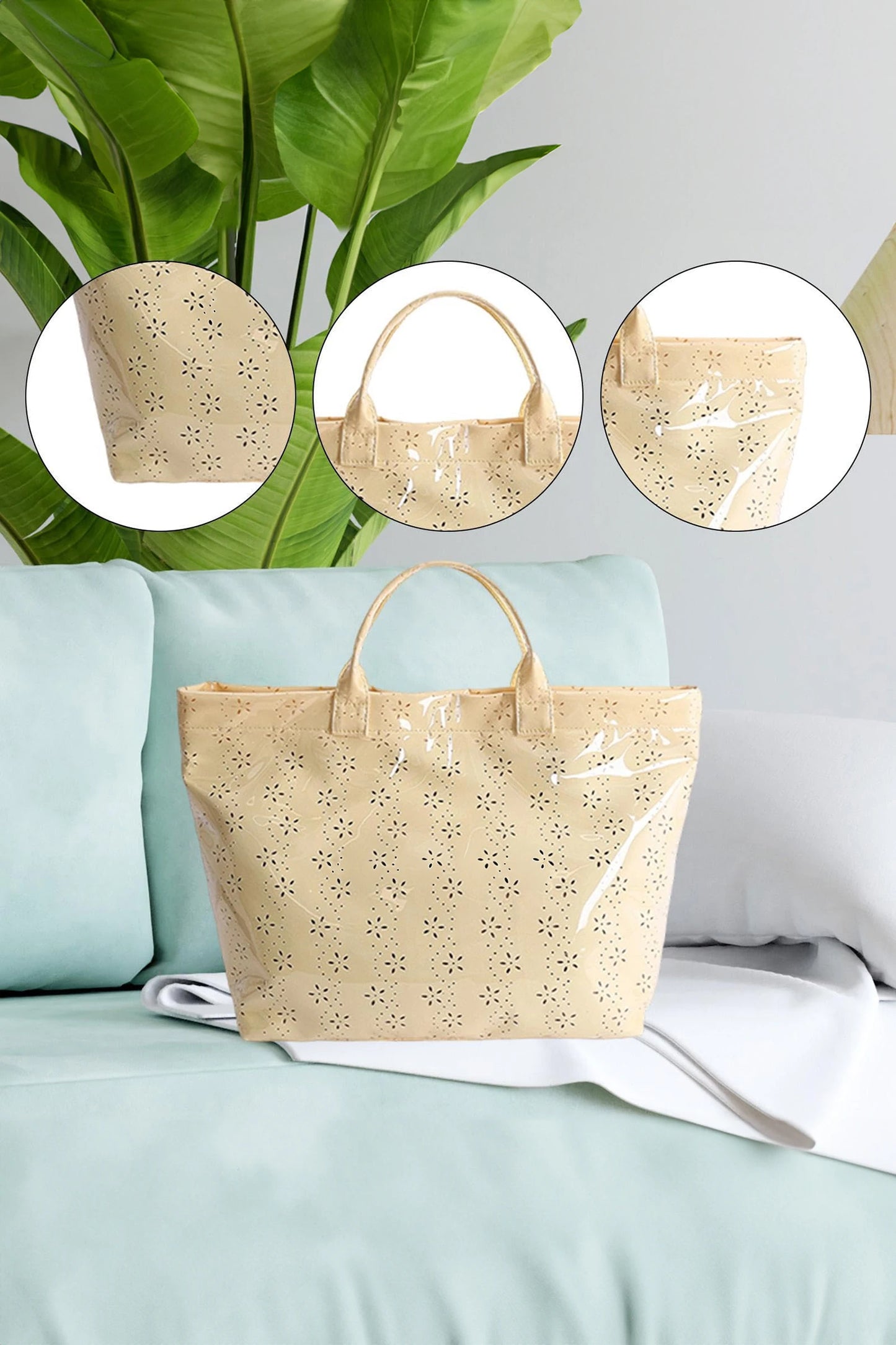 Glossy Floral Eyelet Waterproof Tote Bag
