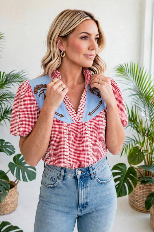 Pony Embroidered Western Yoke Blouse | S-XL