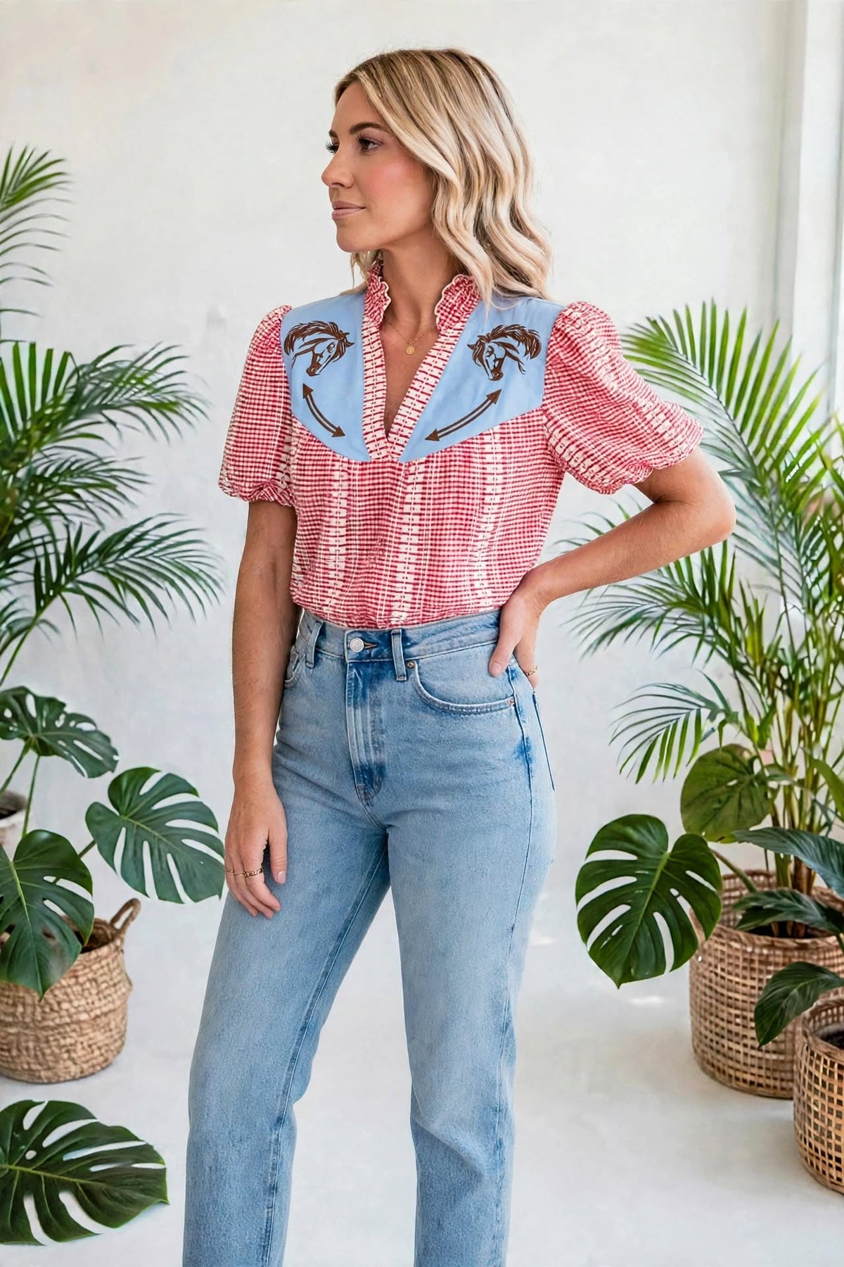 Pony Embroidered Western Yoke Blouse | S-XL