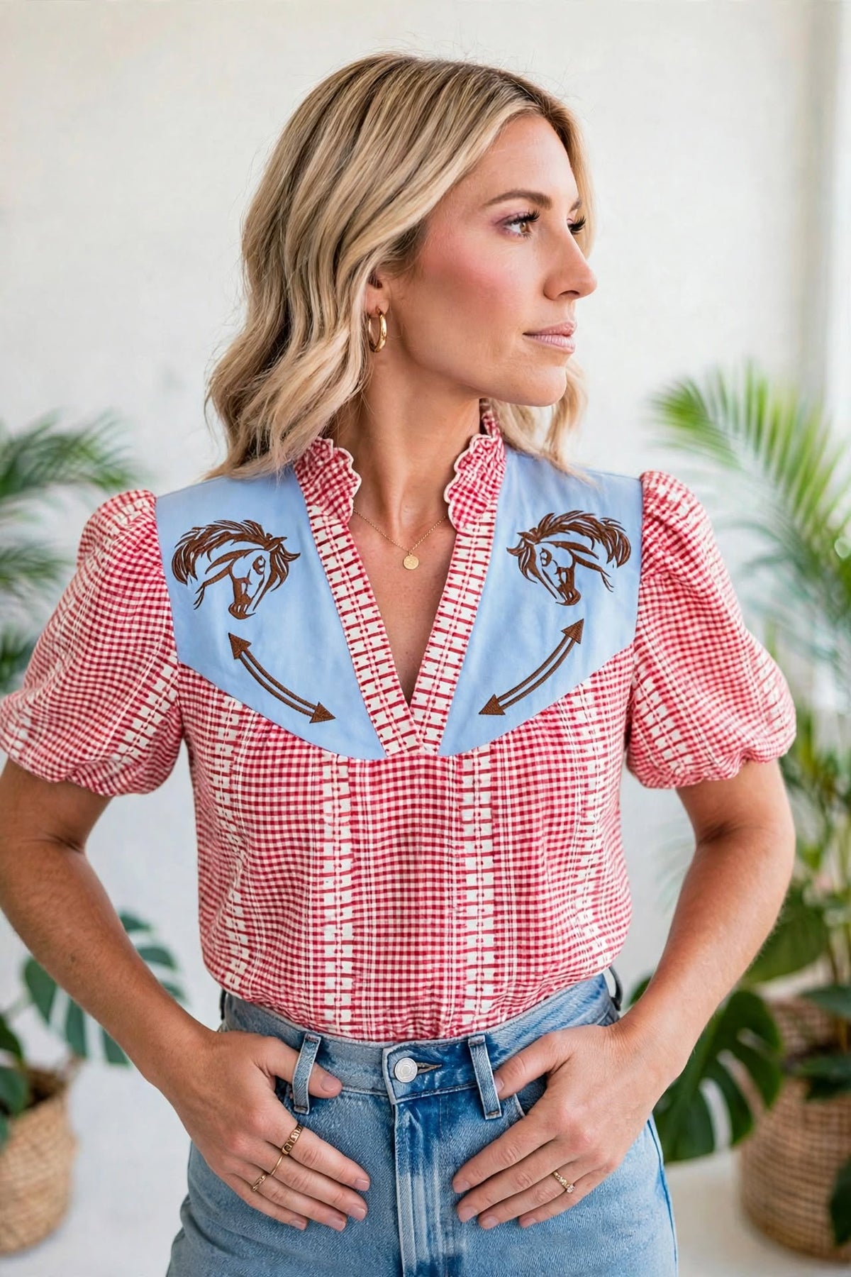 Pony Embroidered Western Yoke Blouse | S-XL