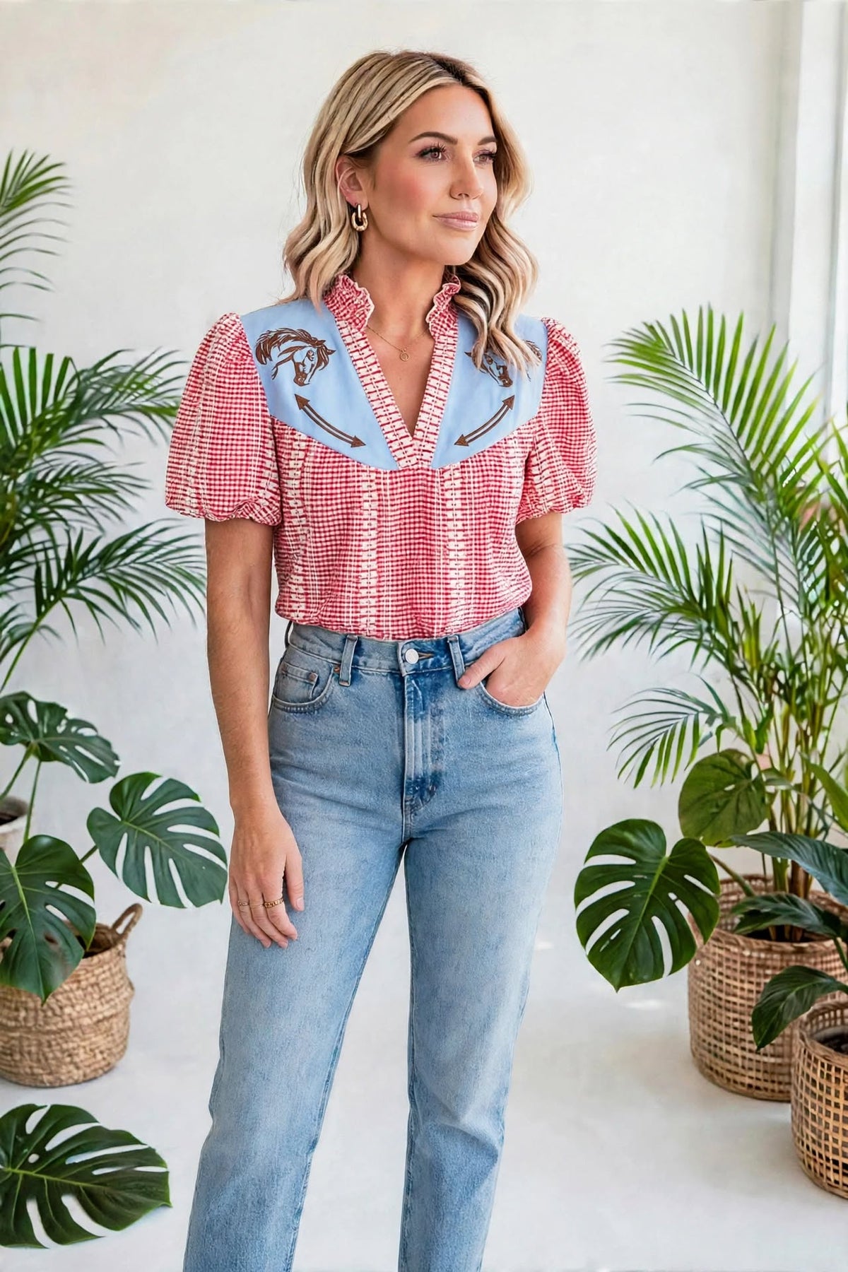 Pony Embroidered Western Yoke Blouse | S-XL