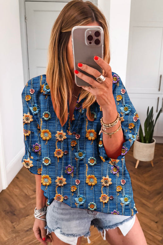 Boho Print  Bloom Collared Roll up Sleeve Blouse | S-XL