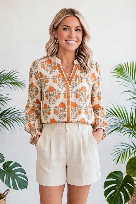 Floral Print V-Neck Long Sleeve Blouse | S-XL