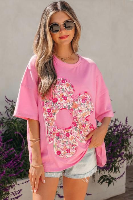 Oversize Floral Patched Raw Seam Big Flower Top | S-XL