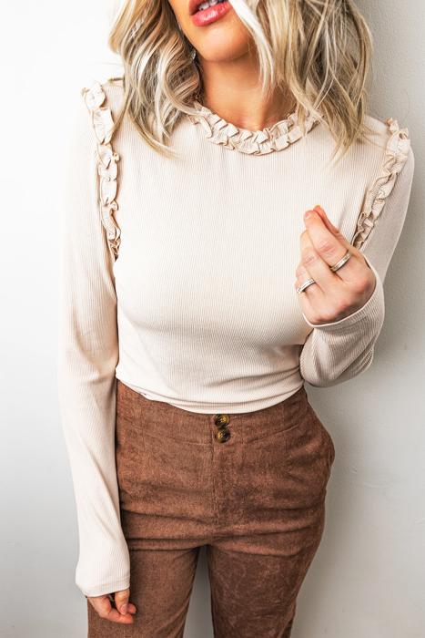 Solid Color Frill Detail Long Sleeve Top | S-XL