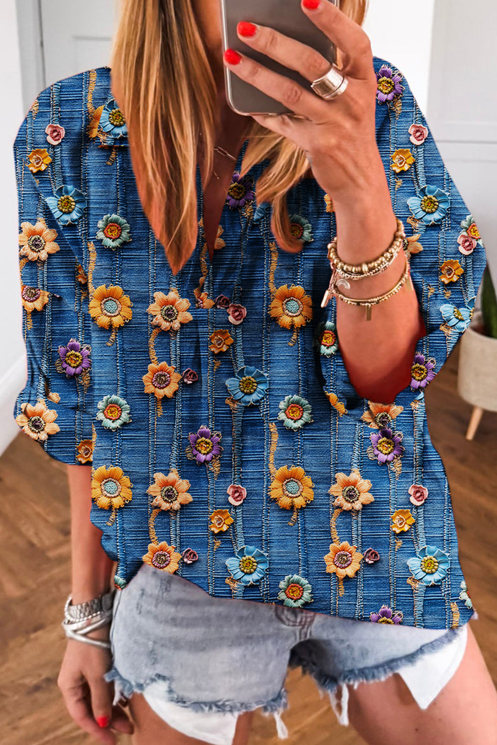 Boho Print  Bloom Collared Roll up Sleeve Blouse | S-XL