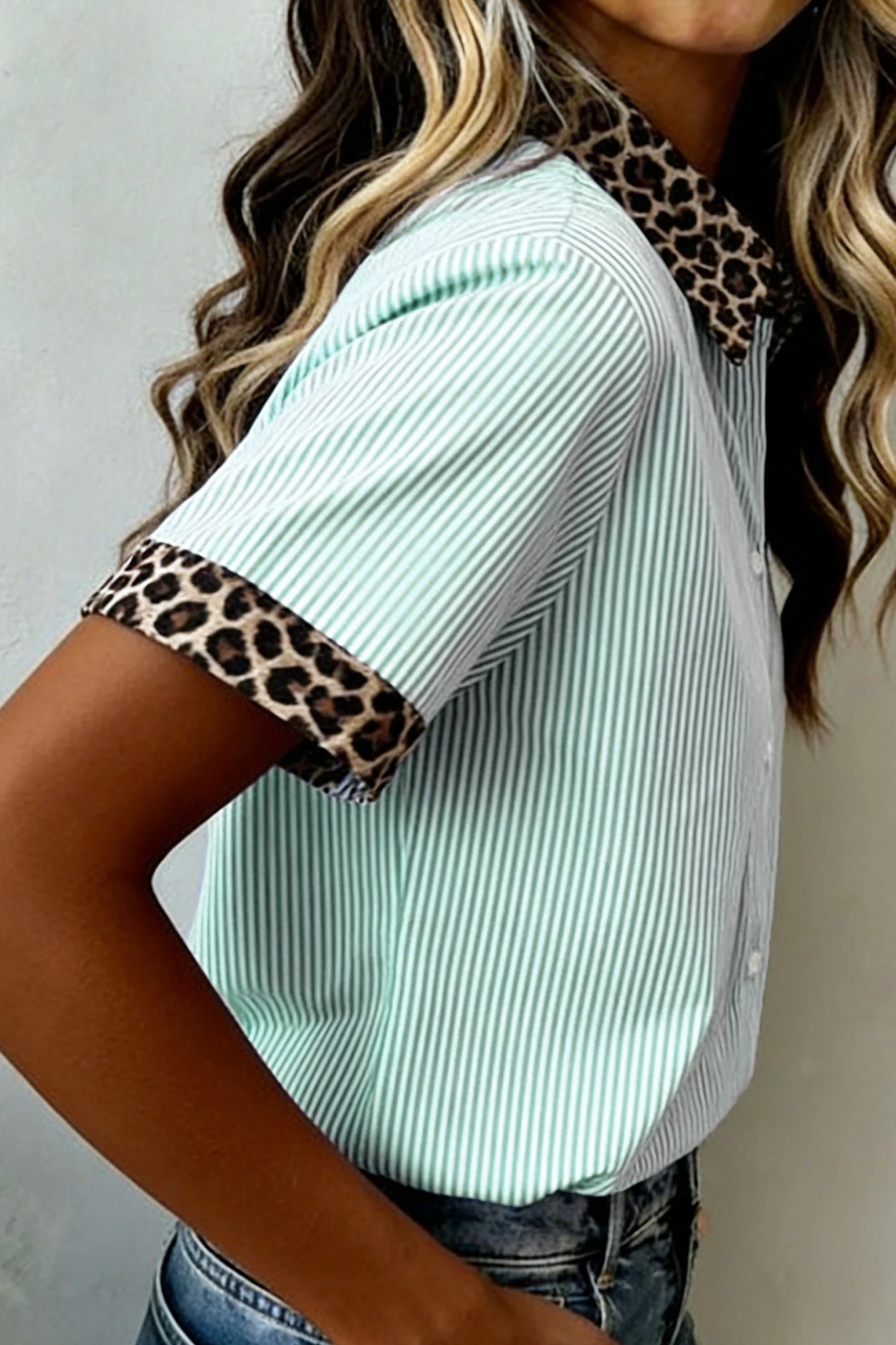 Stripe Contrast Leopard Collared Shirt | S-XL