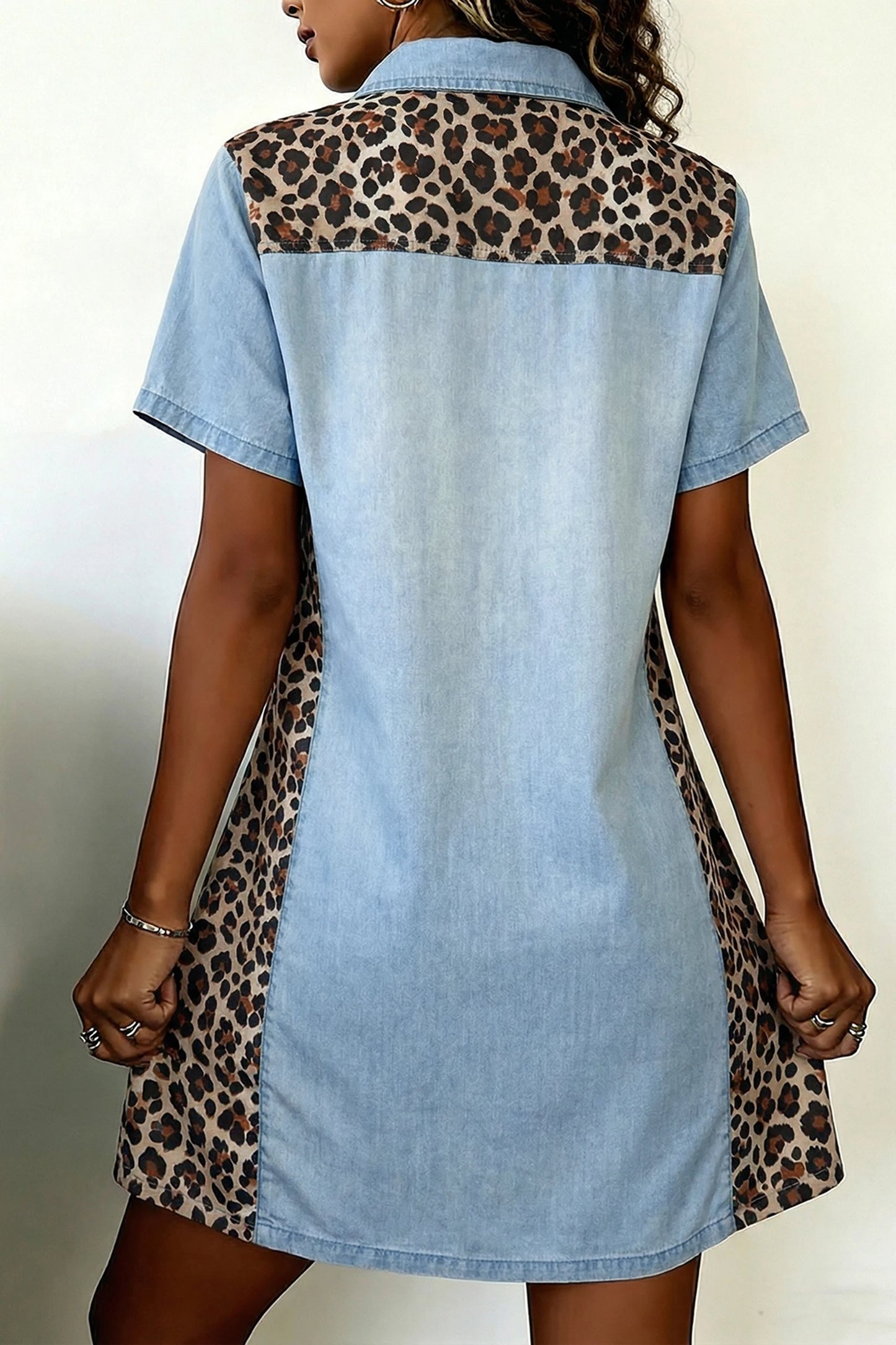 Denim Colorblock Leopard Patchwork Mini Dress | S-XL