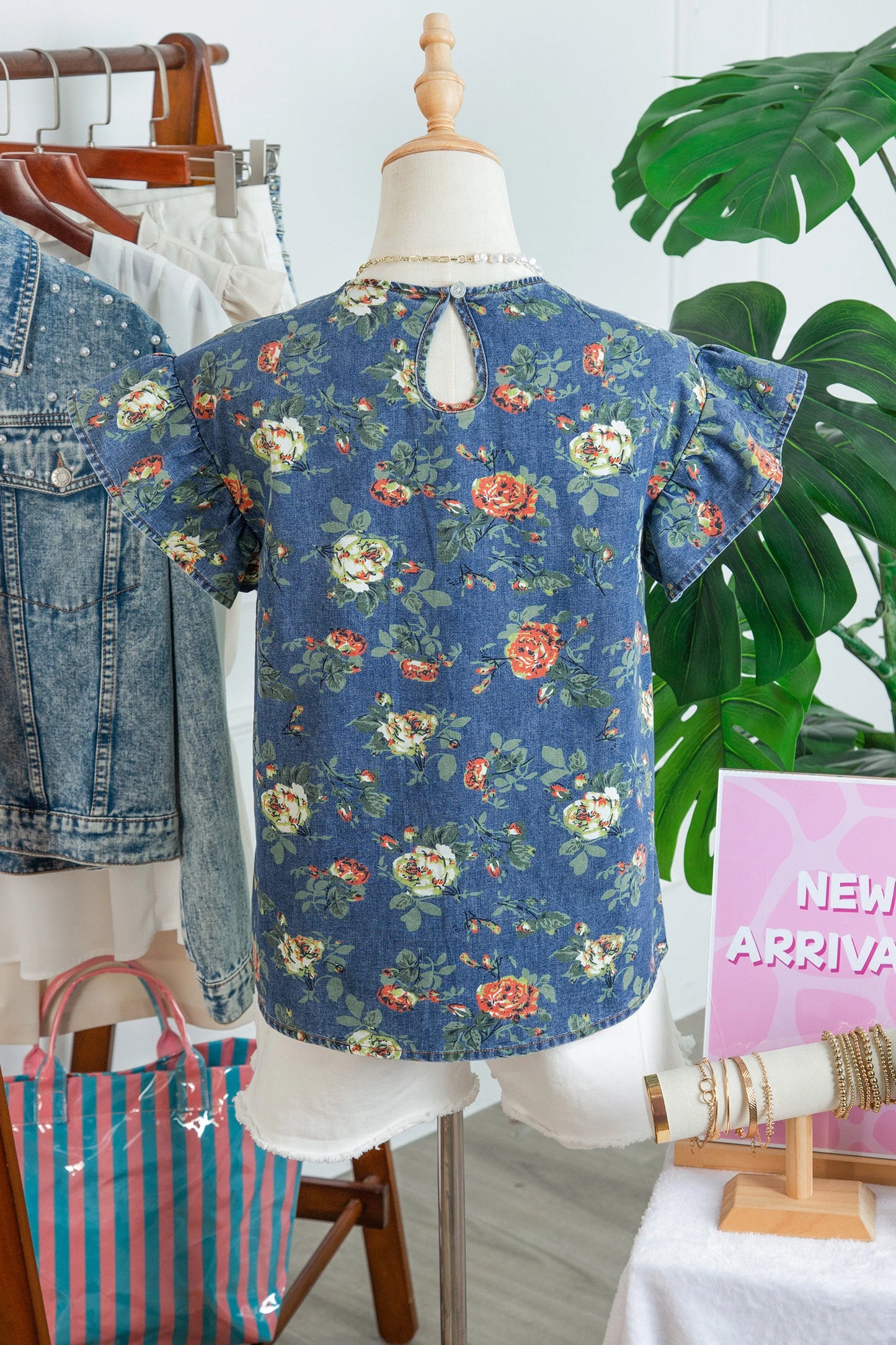 Casual Floral Denim Puff Sleeve Top | S-XL