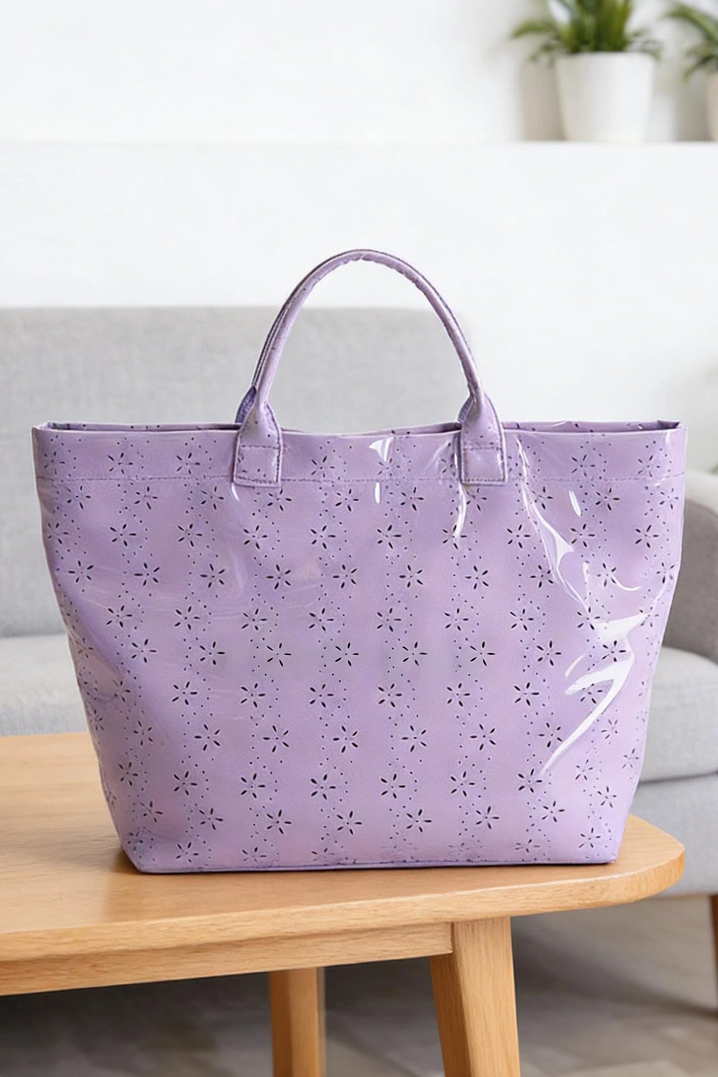Glossy Floral Eyelet Waterproof Tote Bag