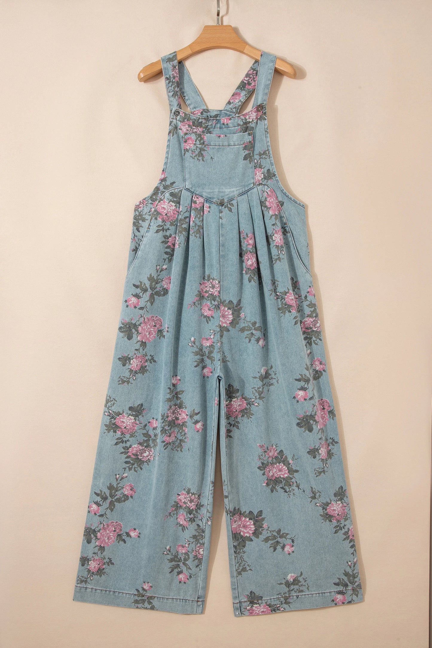 Pleated Floral High-Waist Wide-Leg Denim Jumpsuit | S-XL