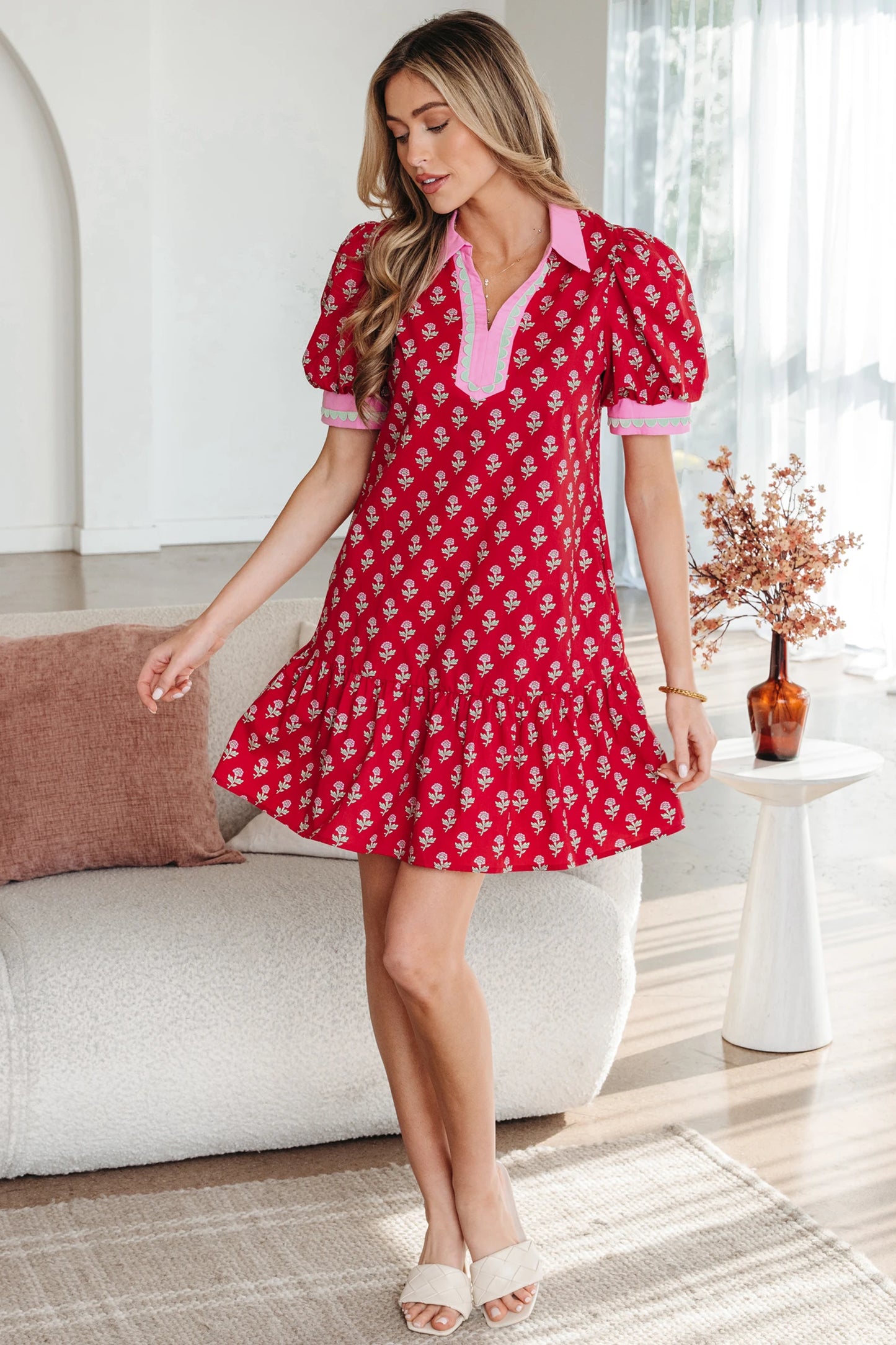 Petal Print Charm Mini Dress with Pockets | S-XL