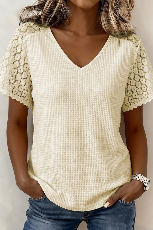 Lace Trim Cutout V-Neck Waffle Knit Button Blouse | S-XL
