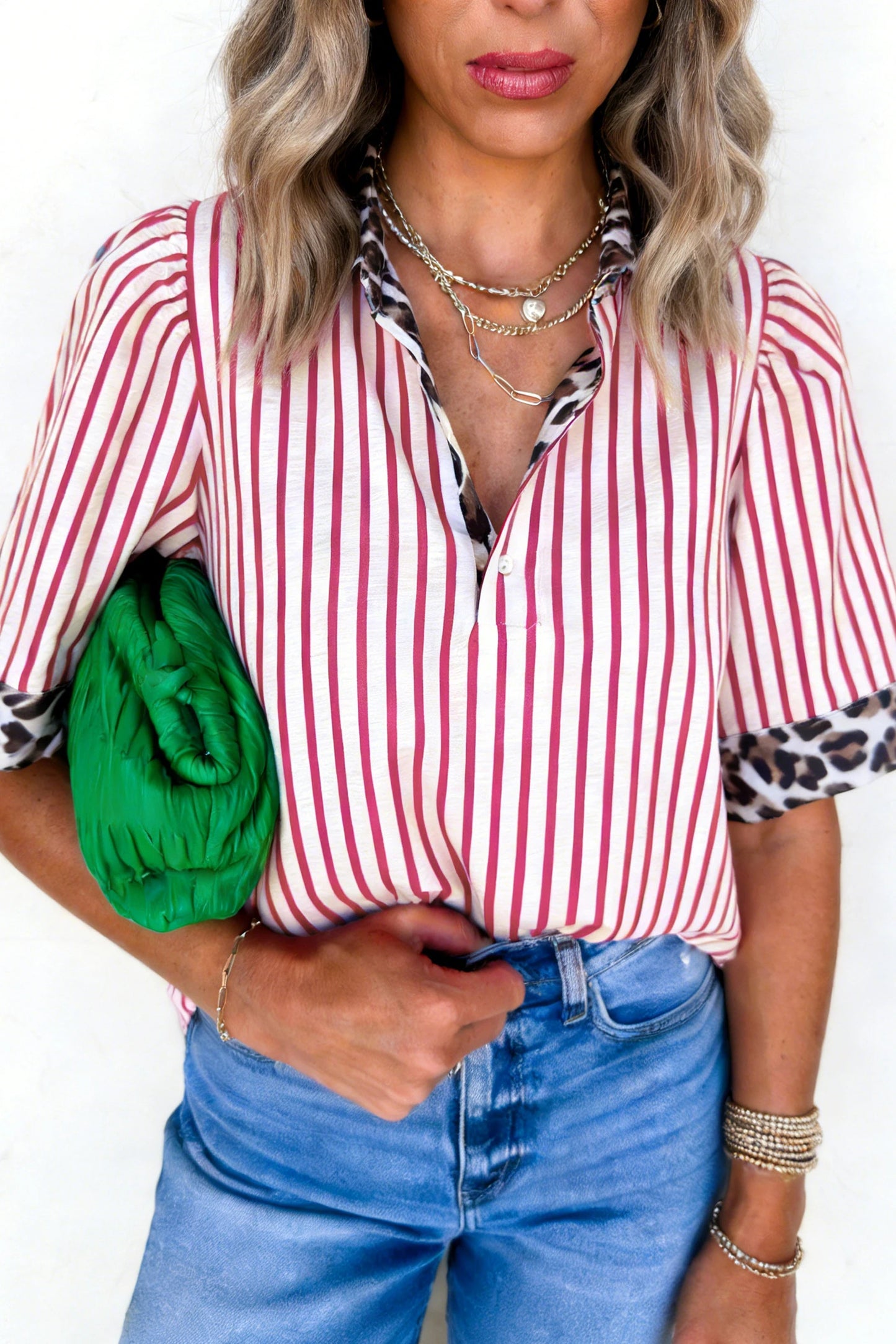 Leopard Trim Striped Half-Button Blouse | S-XL