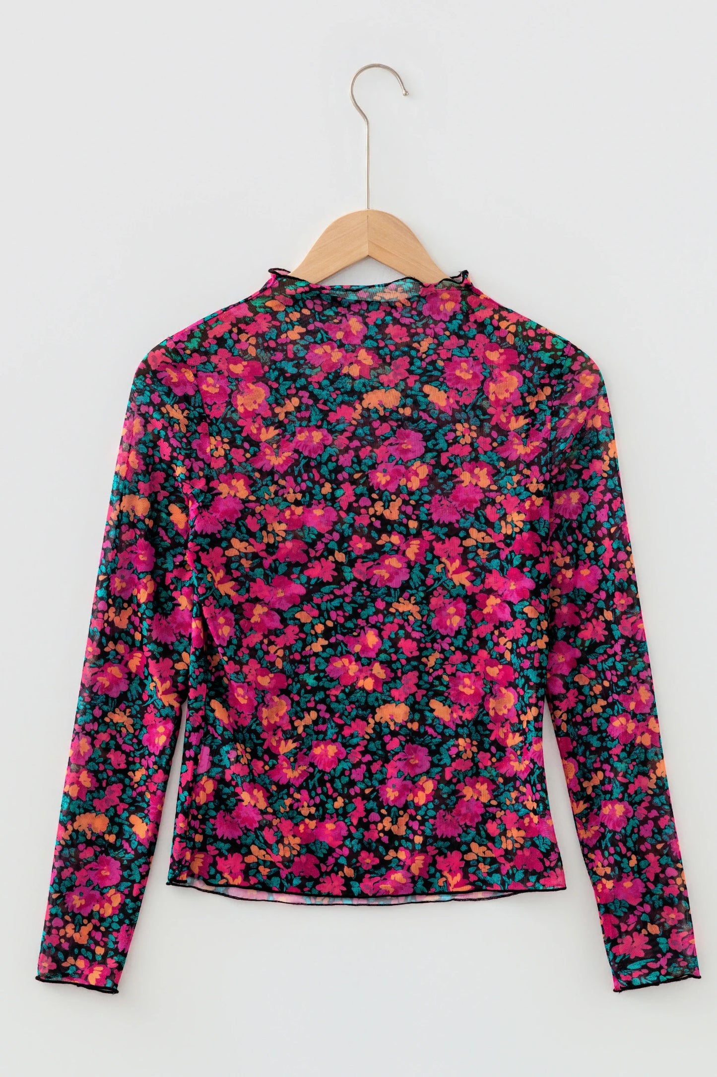 Floral Mesh Mock Neck Long Sleeve Top | S-XL