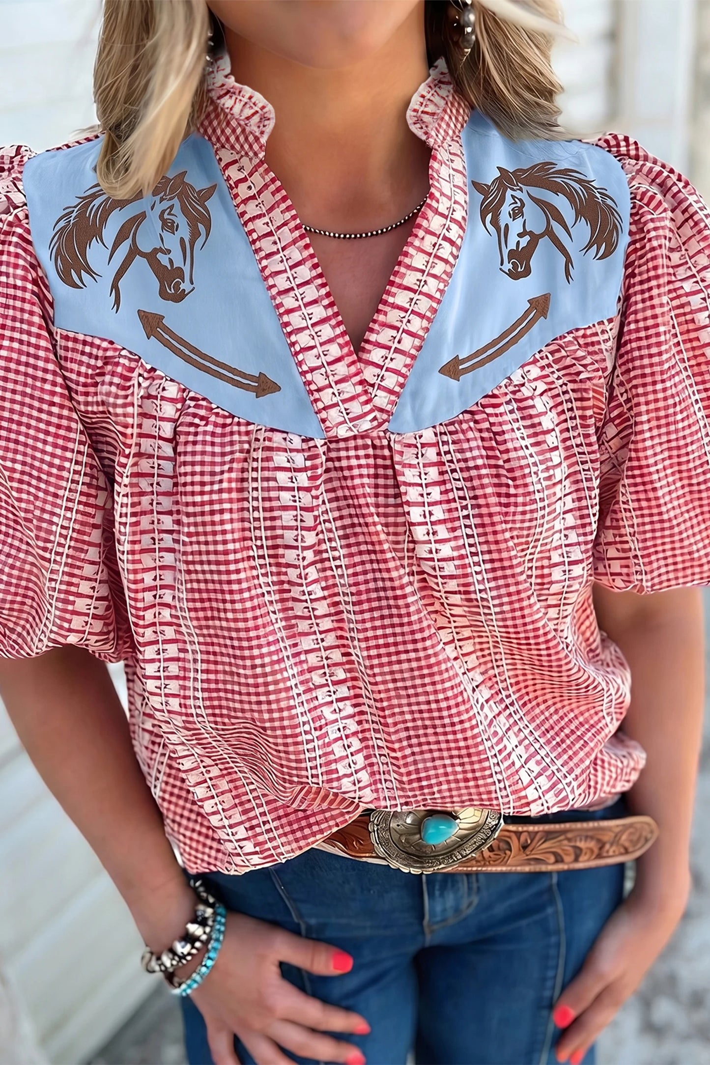 Pony Embroidered Western Yoke Blouse | S-XL