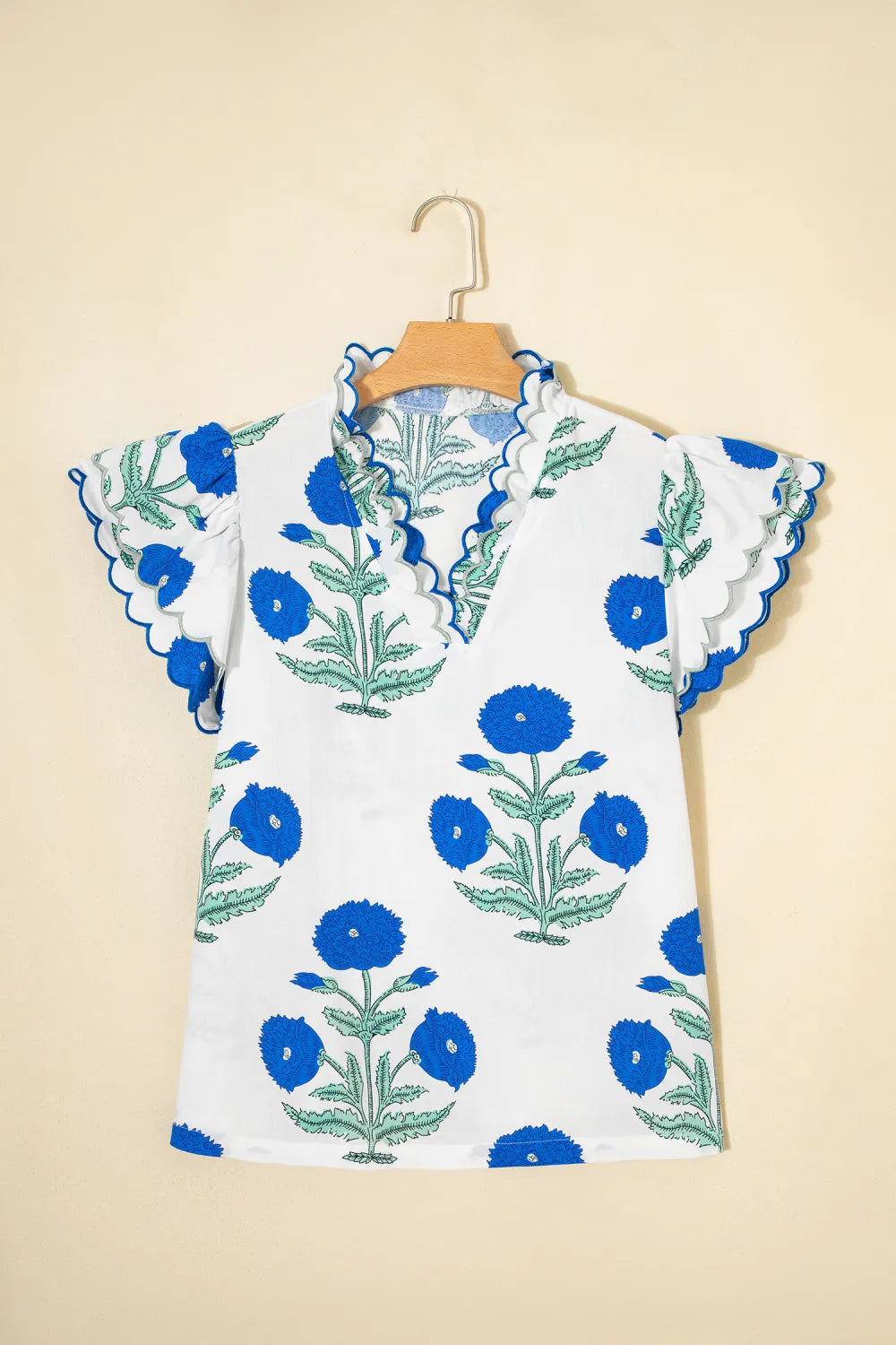 Floral  Print Scallop Trim Blouse | S-XL