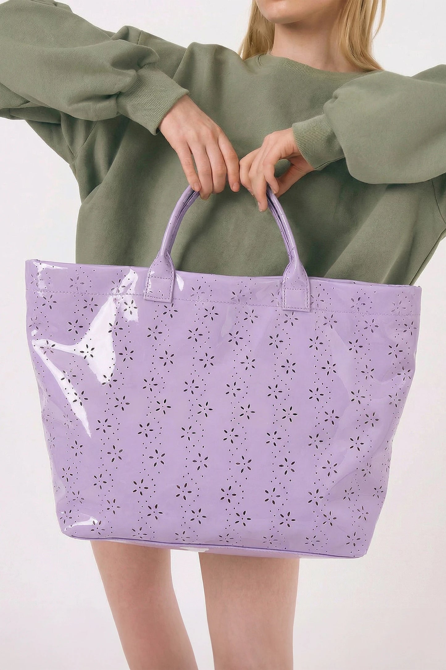 Glossy Floral Eyelet Waterproof Tote Bag