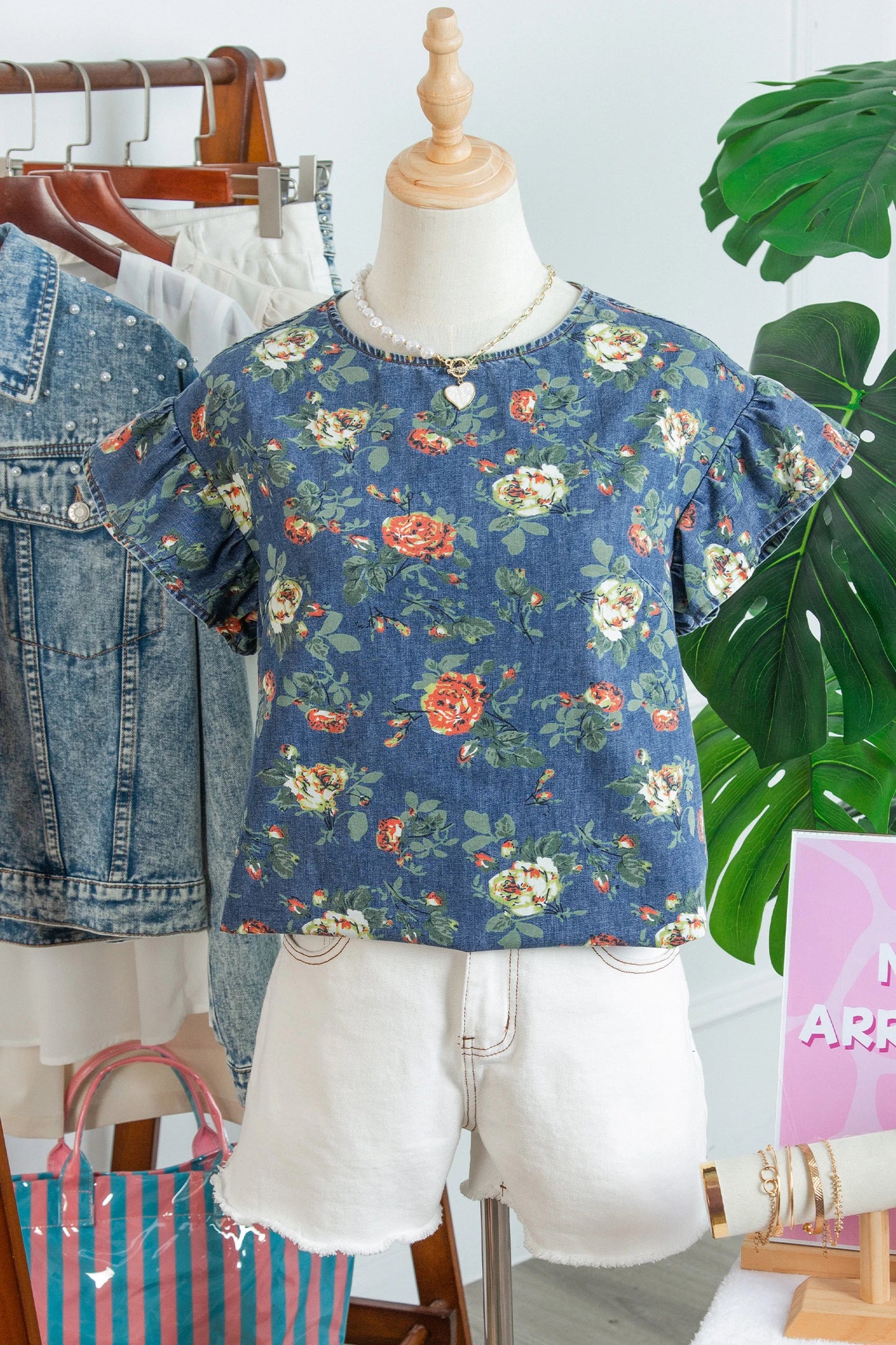 Casual Floral Denim Puff Sleeve Top | S-XL