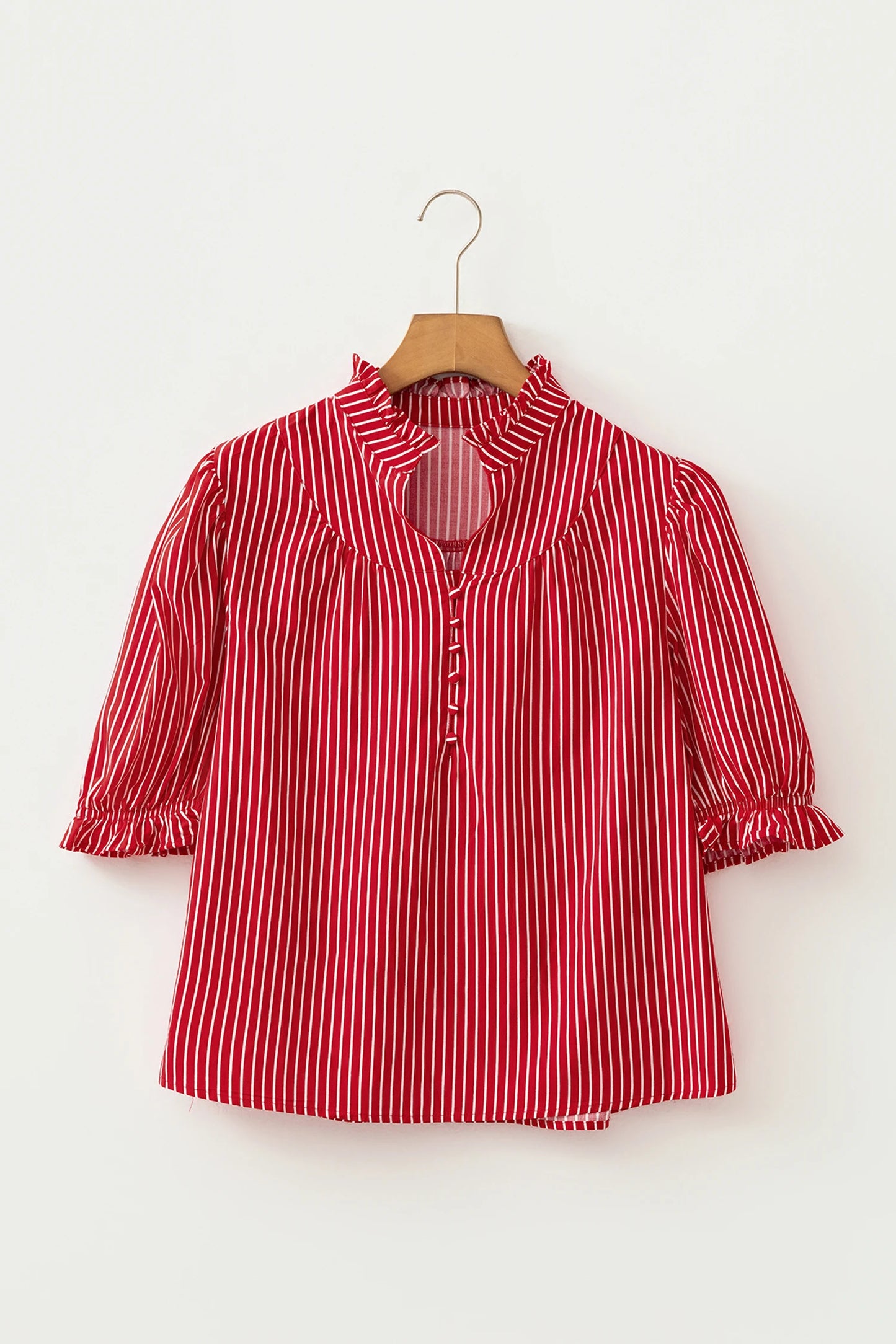 Short Puff Sleeve Stripe Ruffle Blouse | S-XL